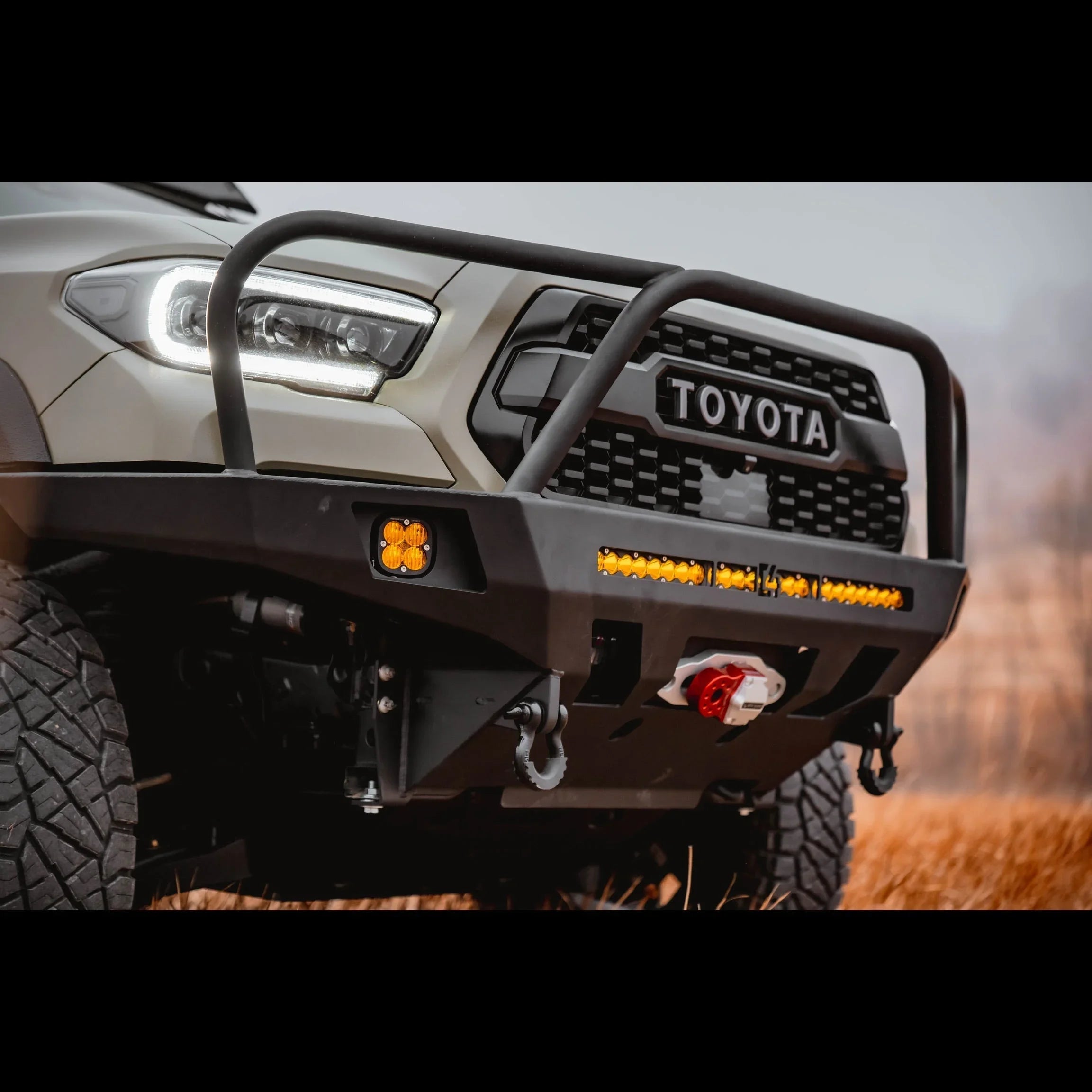 Toyota Tacoma 3rd Gen overland front bumper with grille guard, LED lights, winch mount
