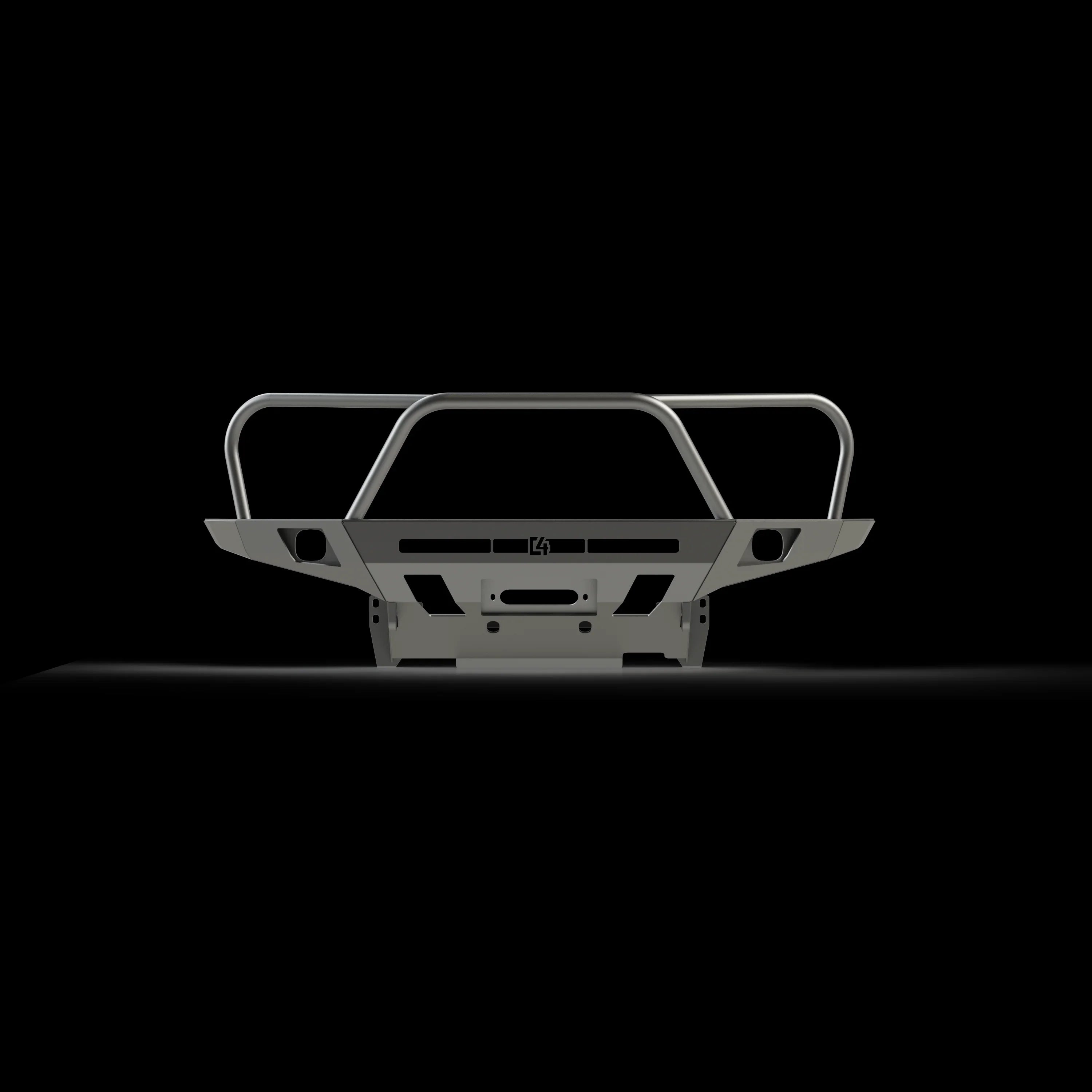 Steel overland front bumper for Toyota Tacoma, winch ready, off-road accessory, black background