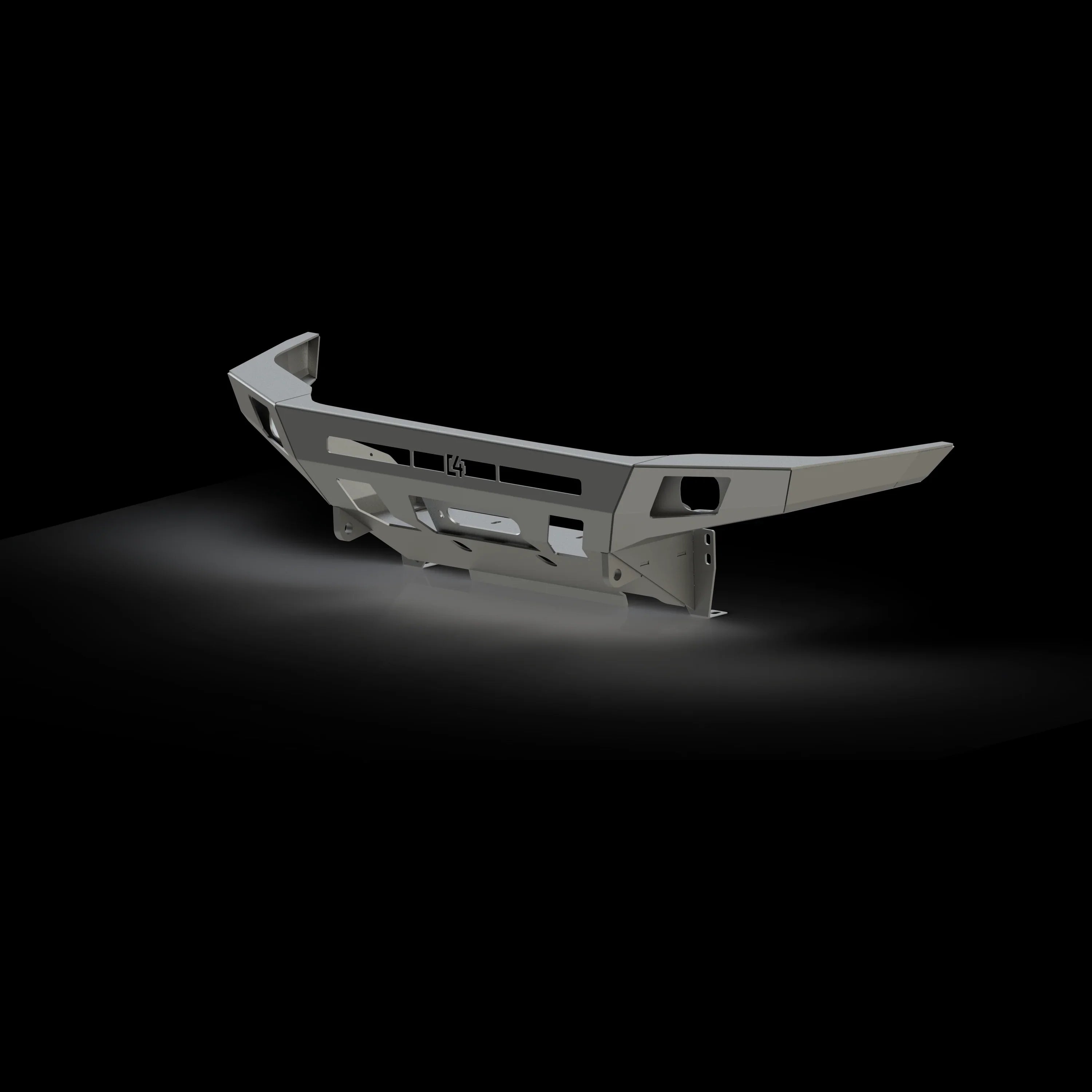 Steel overland front bumper for 3rd Gen Toyota Tacoma, angled design, isolated on black.