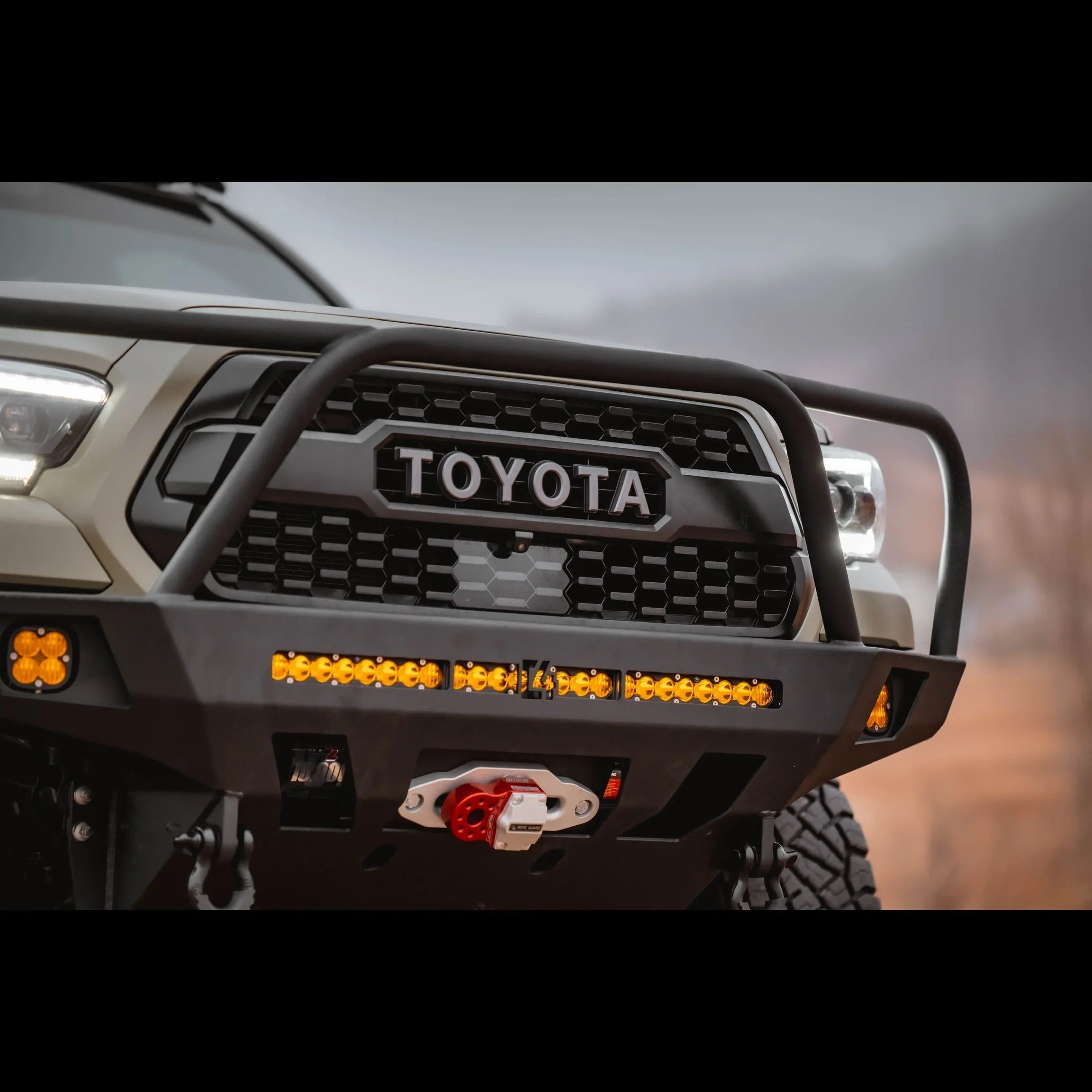 Toyota Tacoma 3rd Gen overland front bumper with LED lights and winch mount