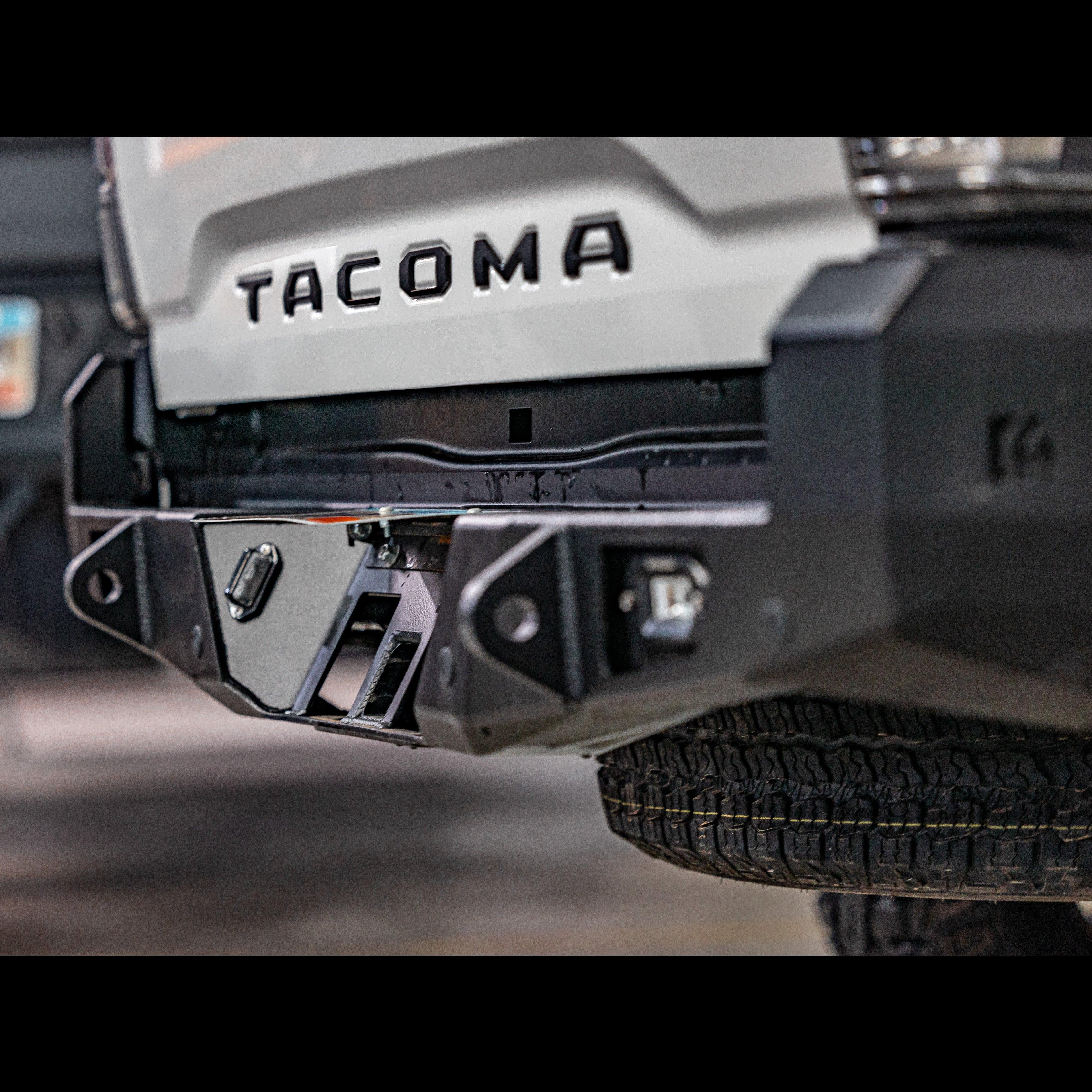 Toyota Tacoma 3rd gen rear bumper, heavy duty steel overland accessory, close-up view