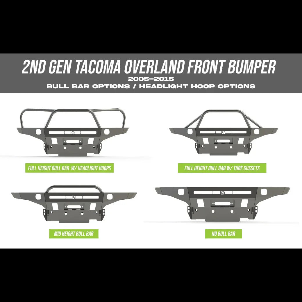2nd gen Toyota Tacoma overland front bumper options for 2005-2015, showing full height and mid height bull bar designs, with and without headlight hoops or tube gussets.