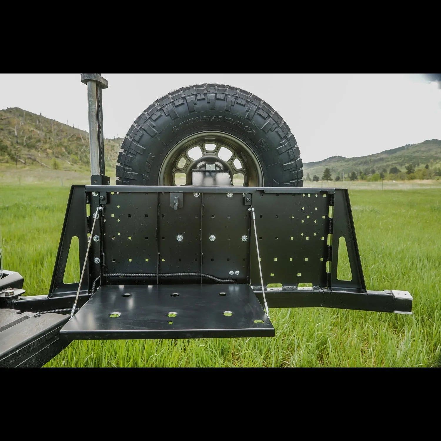 Toyota Tacoma rear bumper with high clearance swing-out and spare tire mount in grassy field