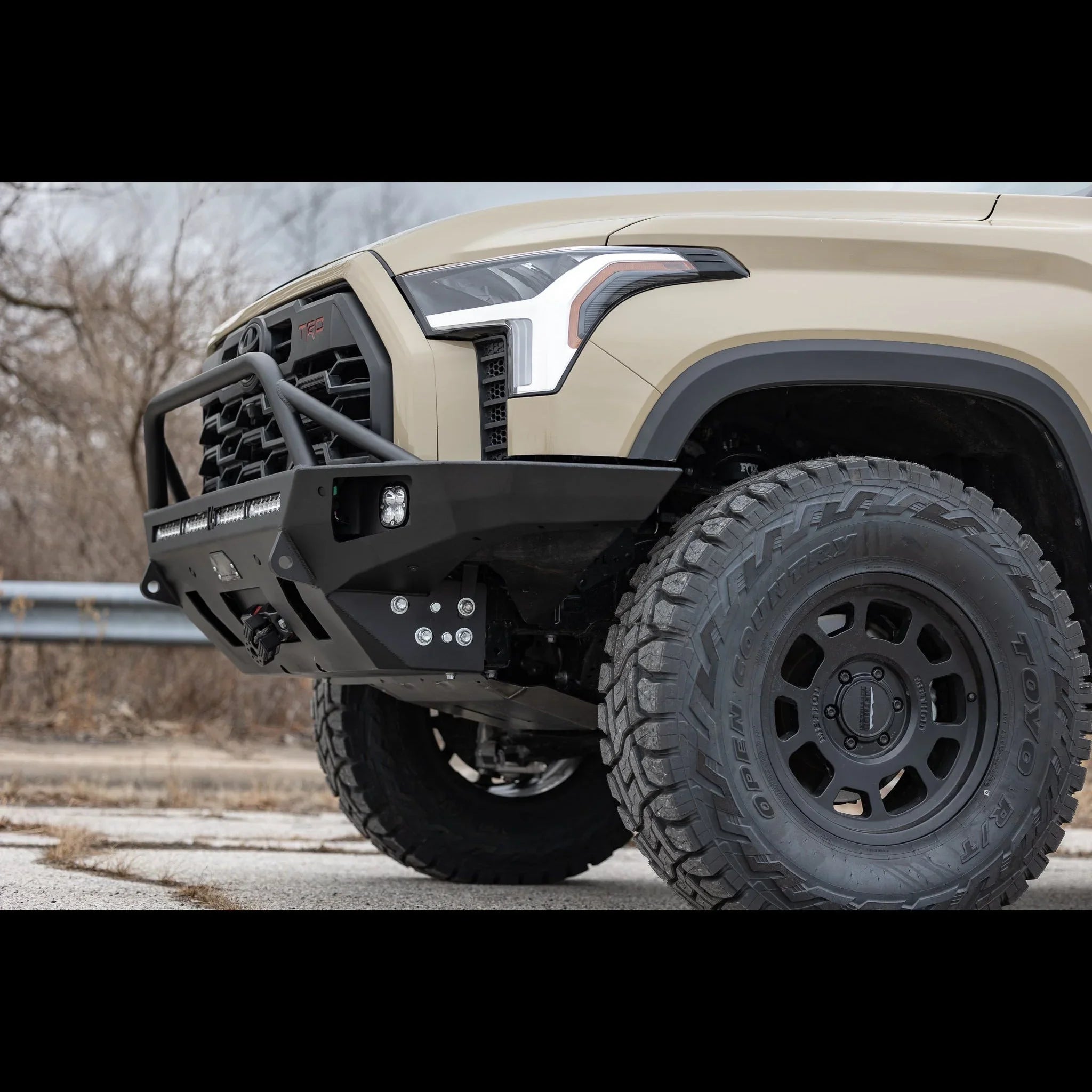 Toyota Tundra 2022 front bumper with off-road grille guard and LED lights, overlanding setup
