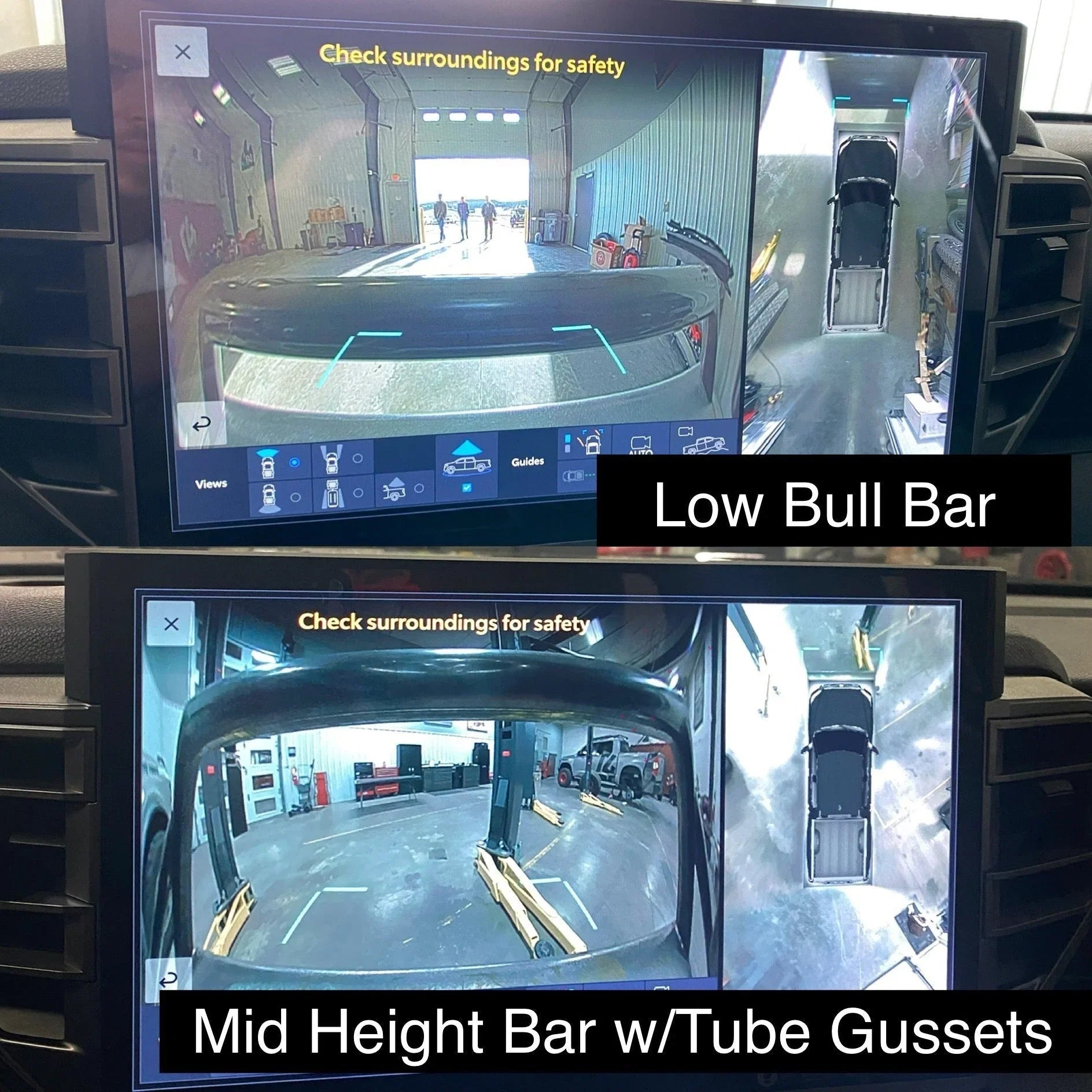 Toyota Tundra rearview camera displays with low bull bar and mid height bar with tube gussets in a garage setting.
