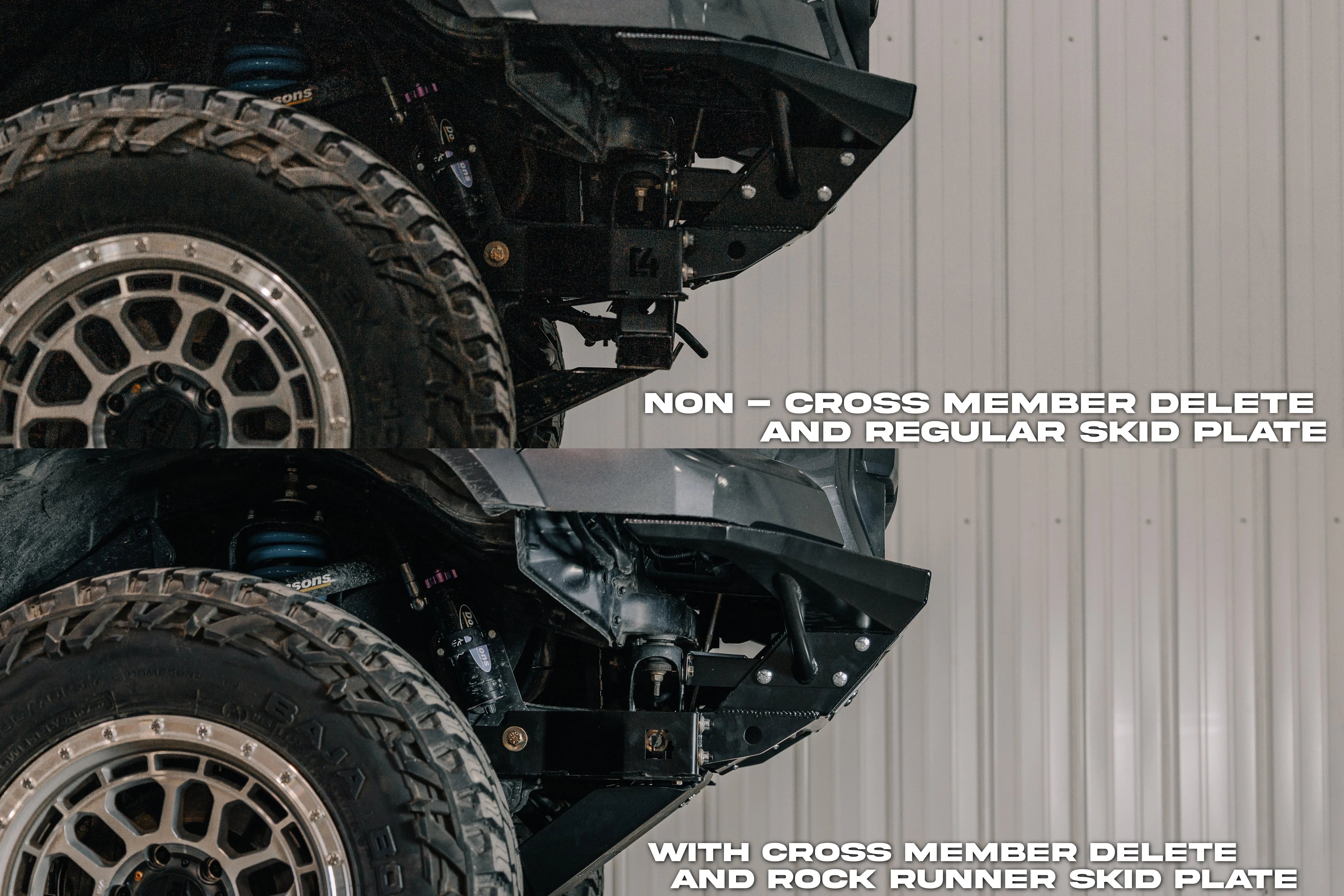 Comparison of front suspension and skid plate setup on an off-road truck, showing non-cross member delete with regular skid plate versus cross member delete with rock runner skid plate.