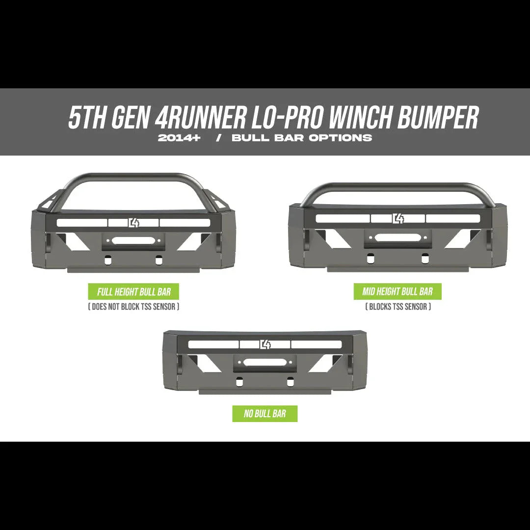 5th Gen 4Runner Lo-Pro winch bumper with full, mid, and no bull bar options for 2014+ models