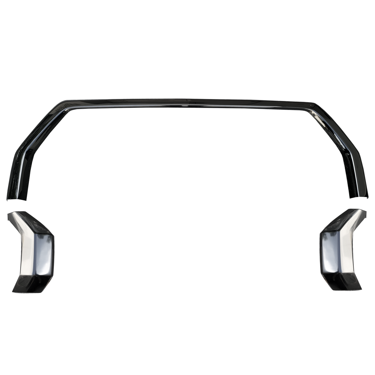 Pickup truck front end with the chrome grille surround and bumper blacked out using molded chrome delete overlays