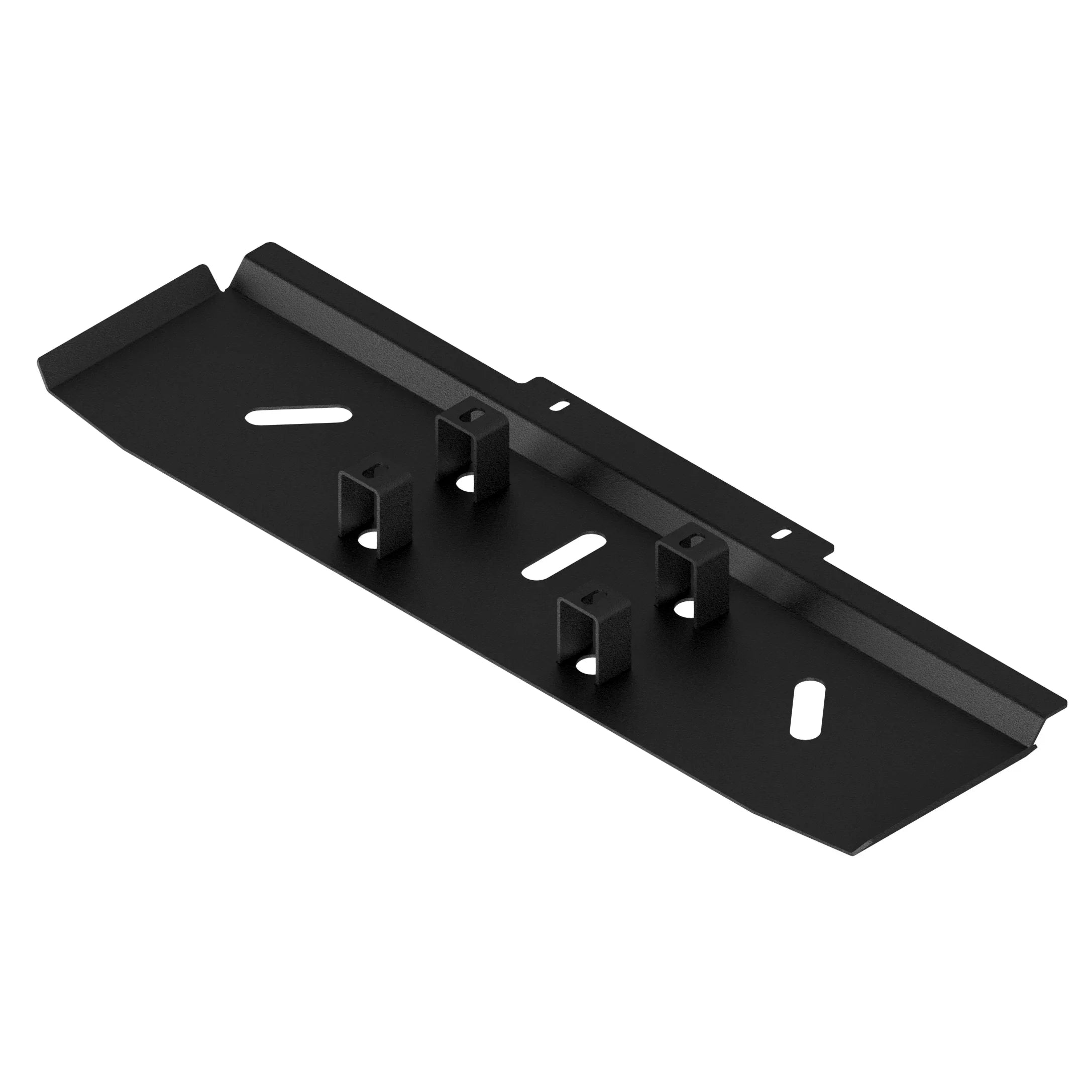 Black metal skid plate angled view for off-road vehicle undercarriage protection
