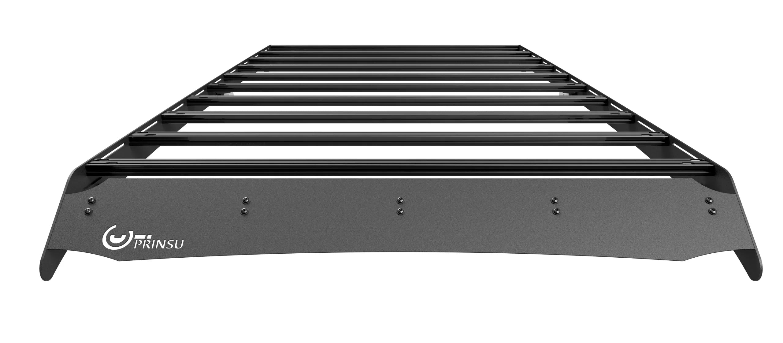 Black Prinsu roof rack for overlanding vehicles, front view, heavy-duty metal construction