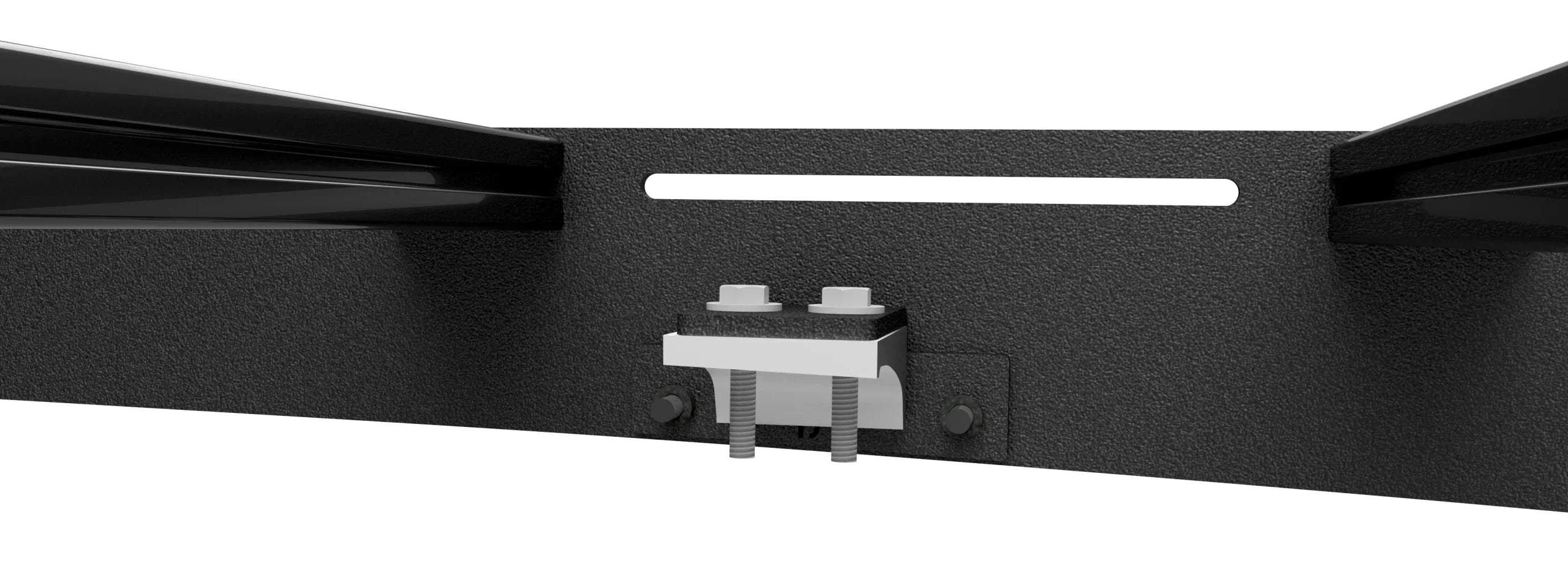Close-up of black metal mounting bracket with bolts for overlanding vehicle accessories