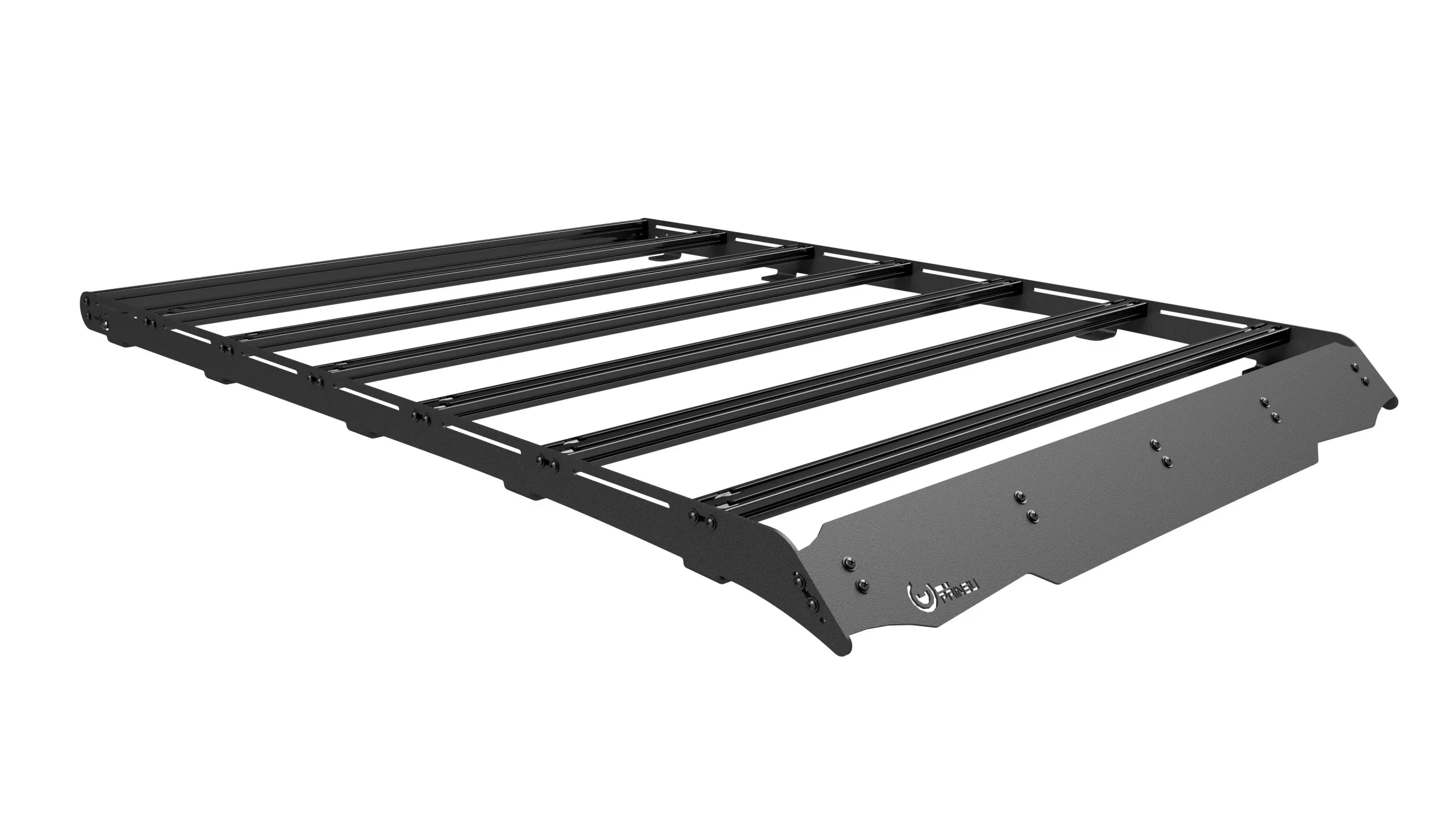 Isometric view of a black modular roof rack for off-road vehicle overlanding gear