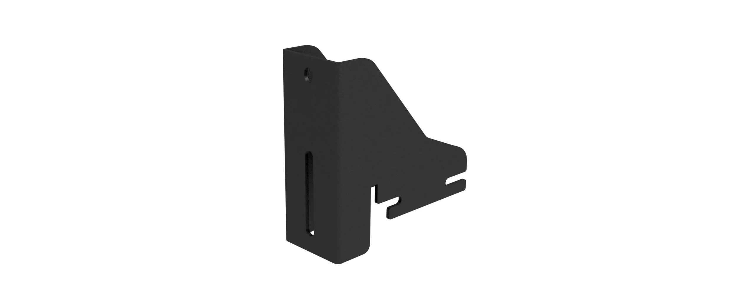 Black steel mounting bracket for overlanding vehicle accessories, angled with slotted holes