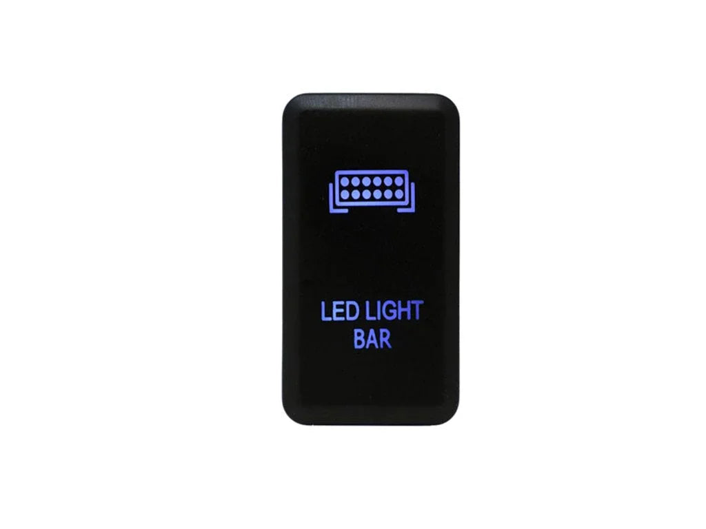 Black LED light bar rocker switch with blue backlit icon and text for off-road vehicles