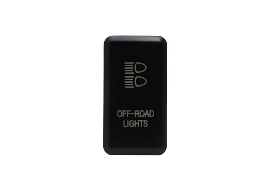 Black off-road lights rocker switch for vehicle accessory control, isolated on white background