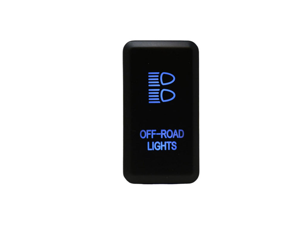 Black rocker switch with blue backlight labeled 'Off-Road Lights' for vehicle lighting.