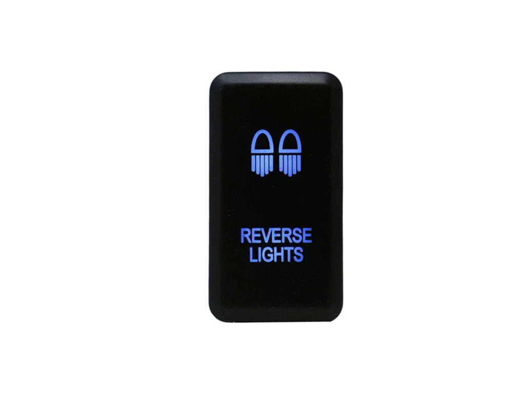 Black switch panel with blue reverse lights text and icon for vehicle accessory