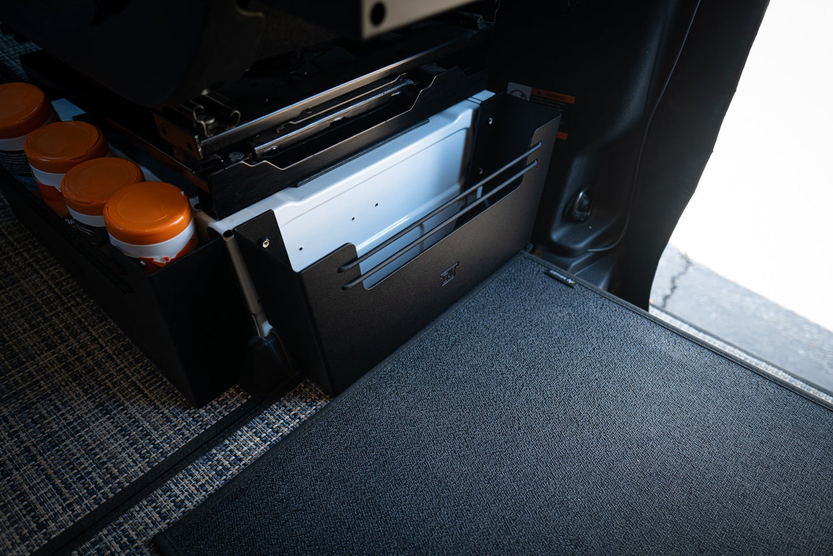 Canyon Adventure Vans rear seat base storage cubby in a Mercedes Sprinter