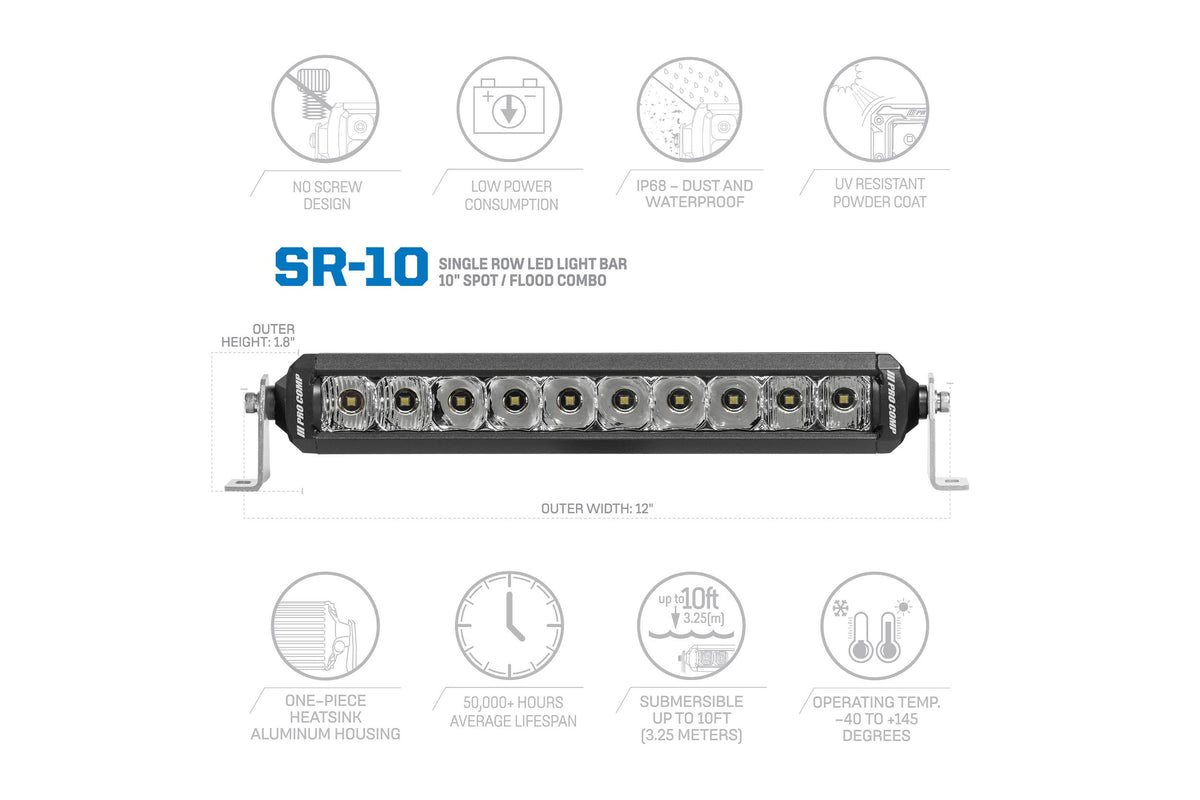 Pro Comp Motorsports Series Single Row Light Bar: 10" / White / Combo Beam
