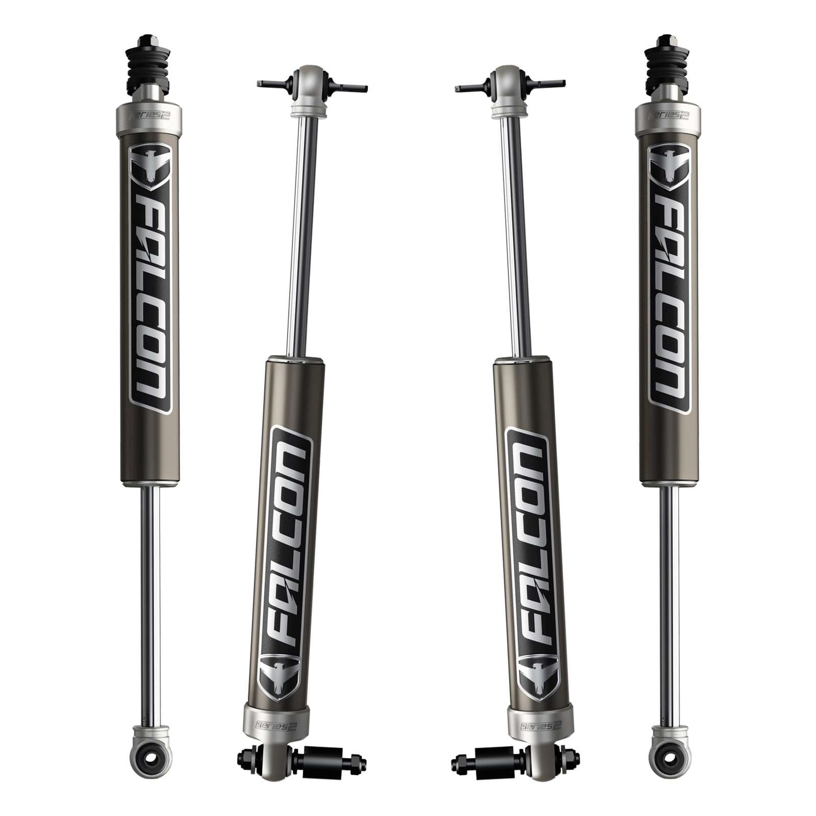 Set of four Falcon off-road vehicle shocks for trucks and SUVs, silver and black finish.