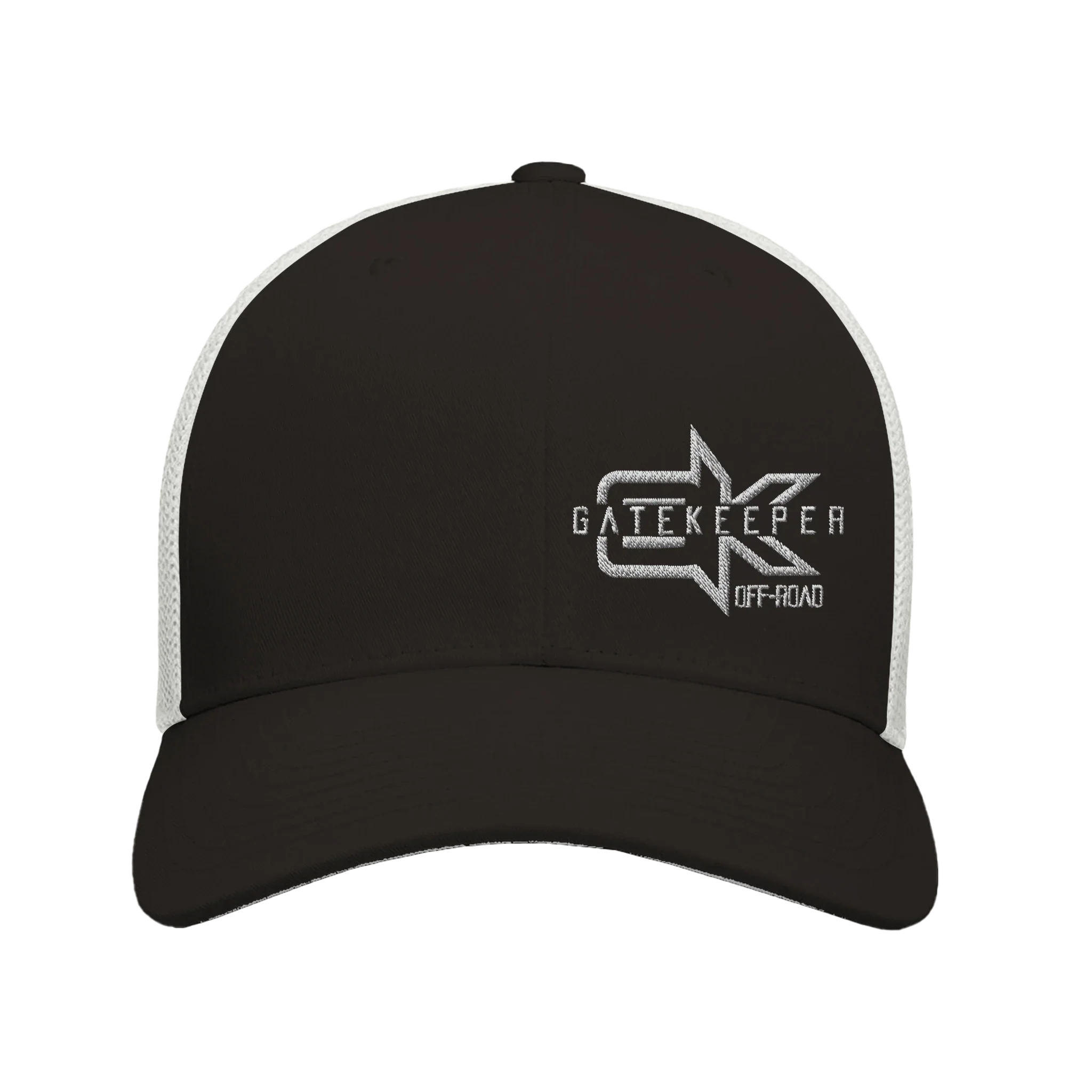 Black and white trucker hat with Gatekeeper Off-Road embroidered logo on front panel