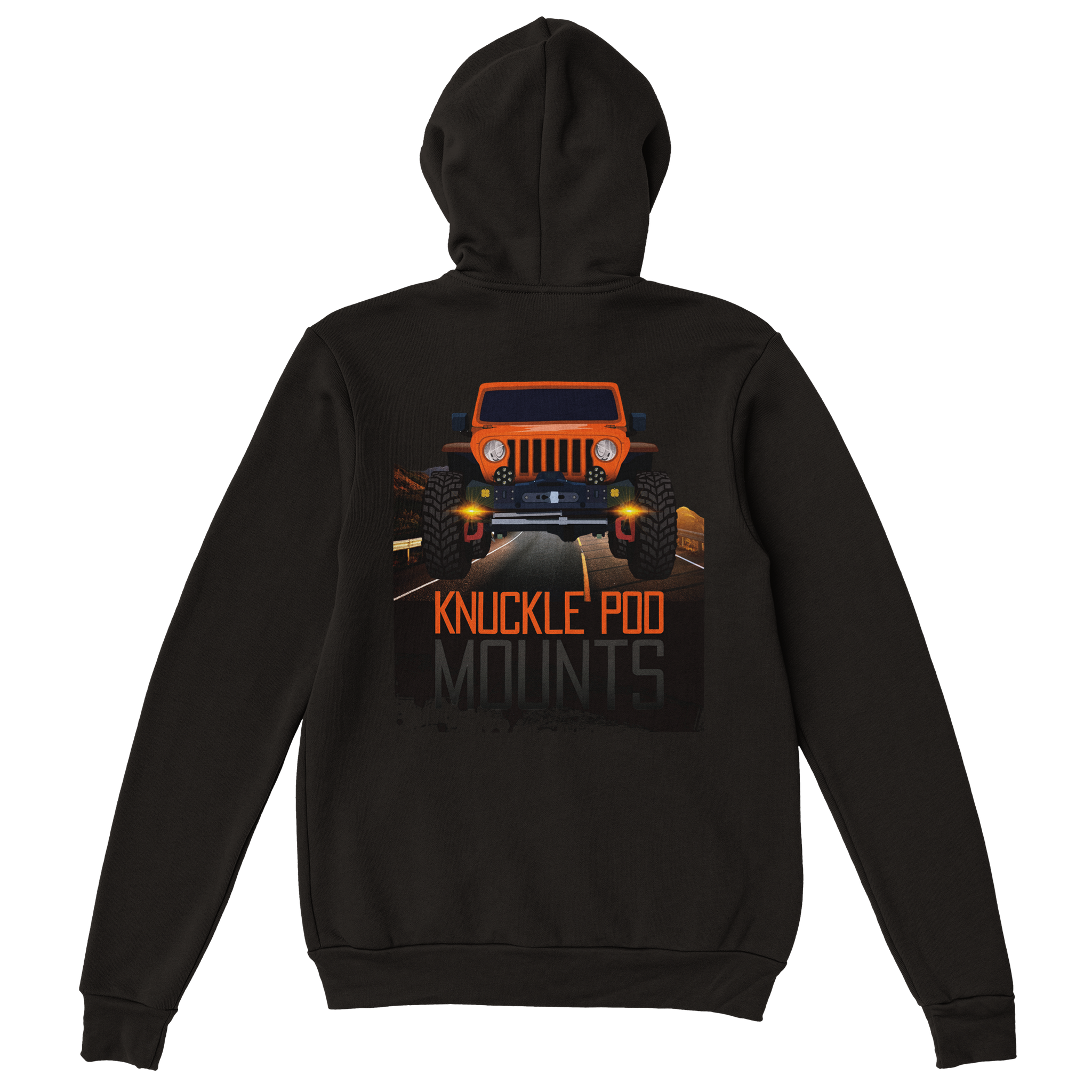 Black hoodie featuring orange off-road Jeep graphic and knuckle pod mounts text on back