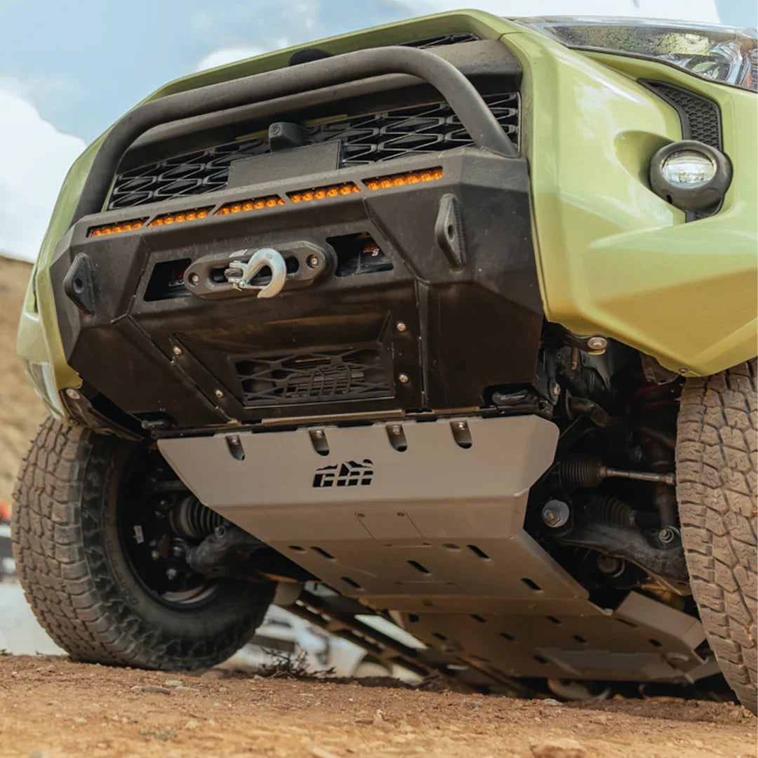 Toyota 4Runner front skid plate installed, off-road, showing rugged undercarriage protection.