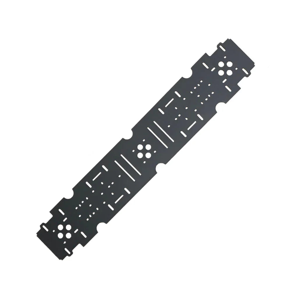 Black metal mounting plate with multiple slots and holes for vehicle accessories