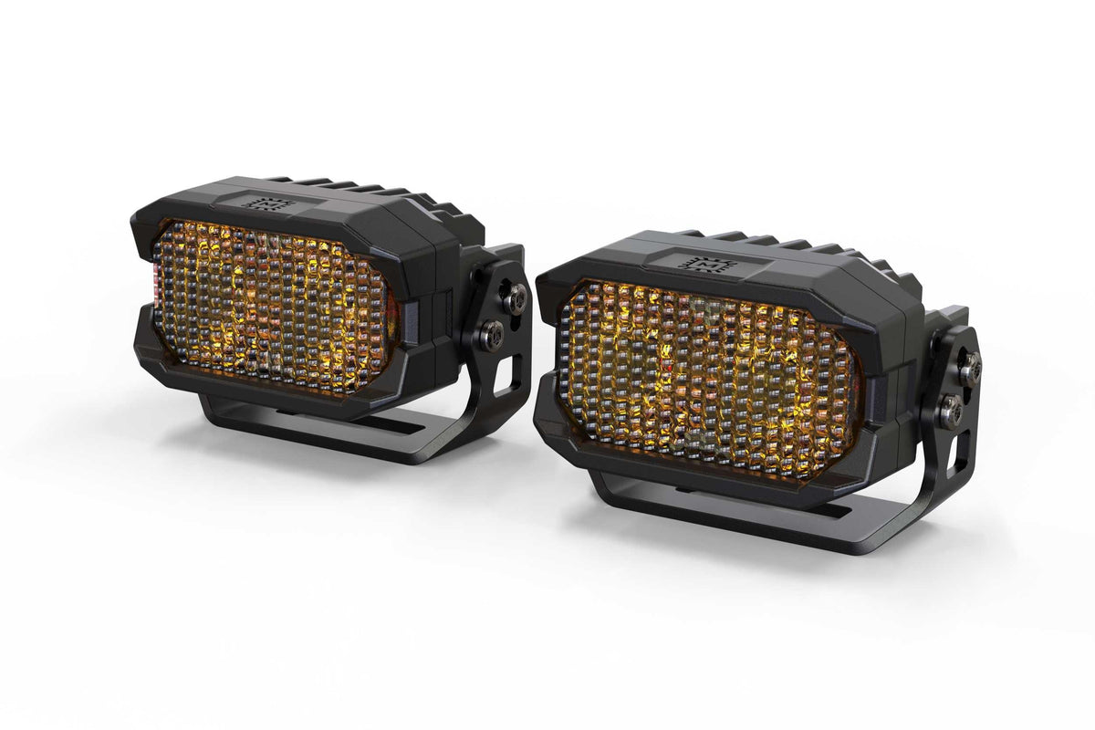 Pair of rectangular amber LED off-road pod lights with black mounting brackets