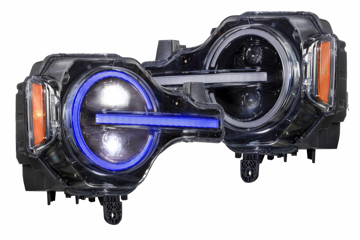 LED projector headlights with blue and white halo rings for Toyota Tacoma or off-road vehicles