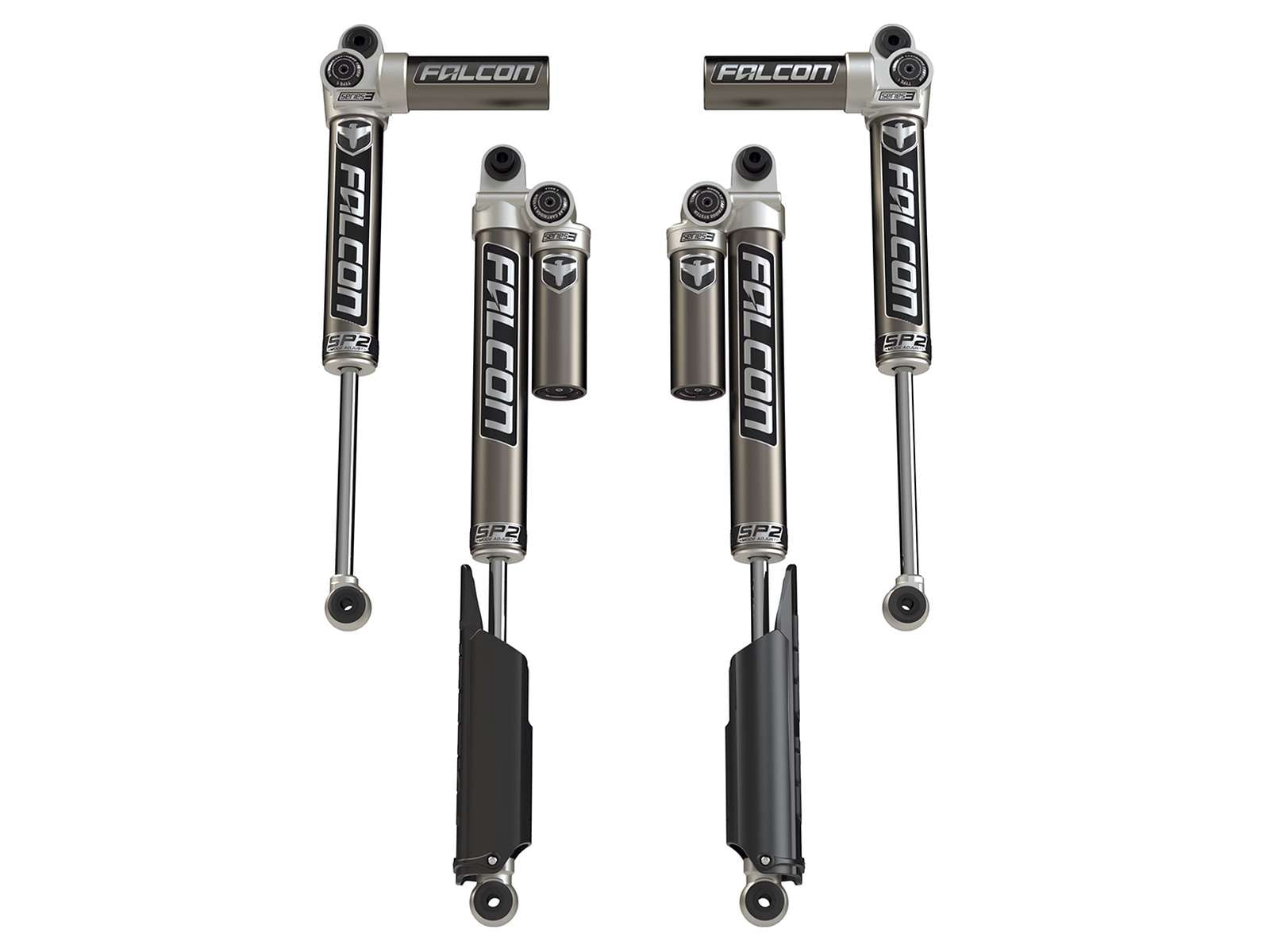 Falcon SP2 adjustable shocks with remote reservoirs for off-road vehicles, set of four.
