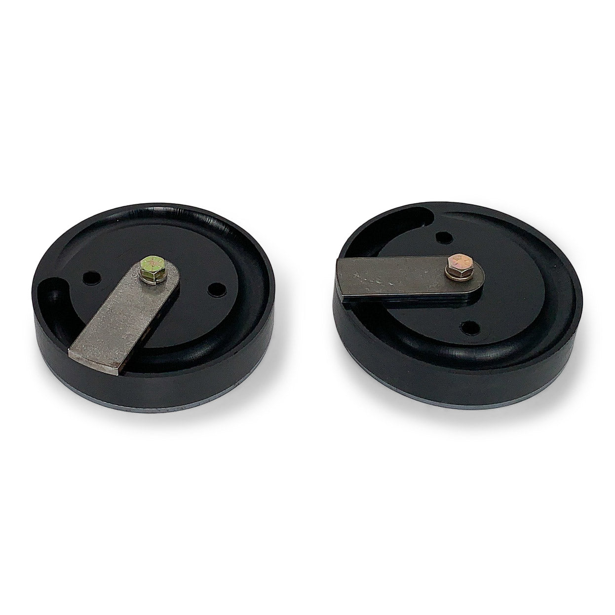 Pair of round black mounting puck brackets with metal arms for overland vehicle accessories