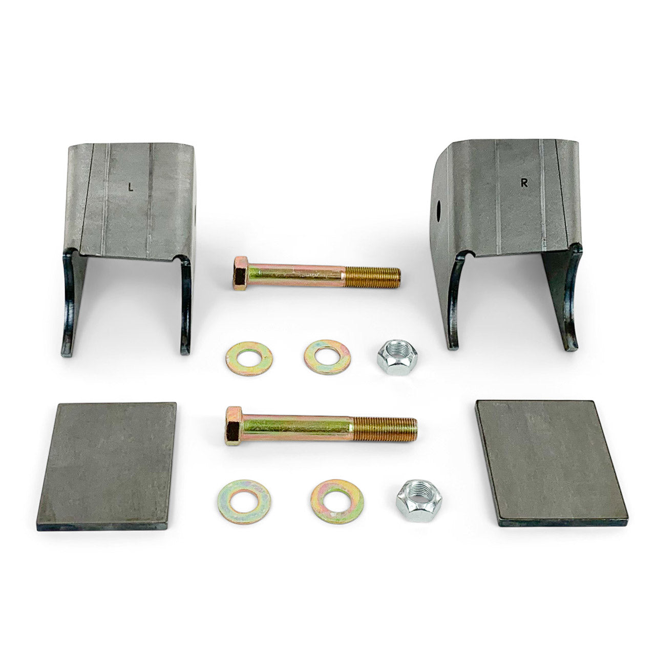Steel bracket mounting kit with bolts, washers, and plates for off-road vehicle accessories