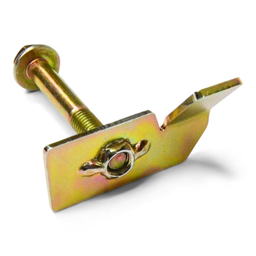 Steel mounting bolt and bracket for overland vehicle accessories on white background