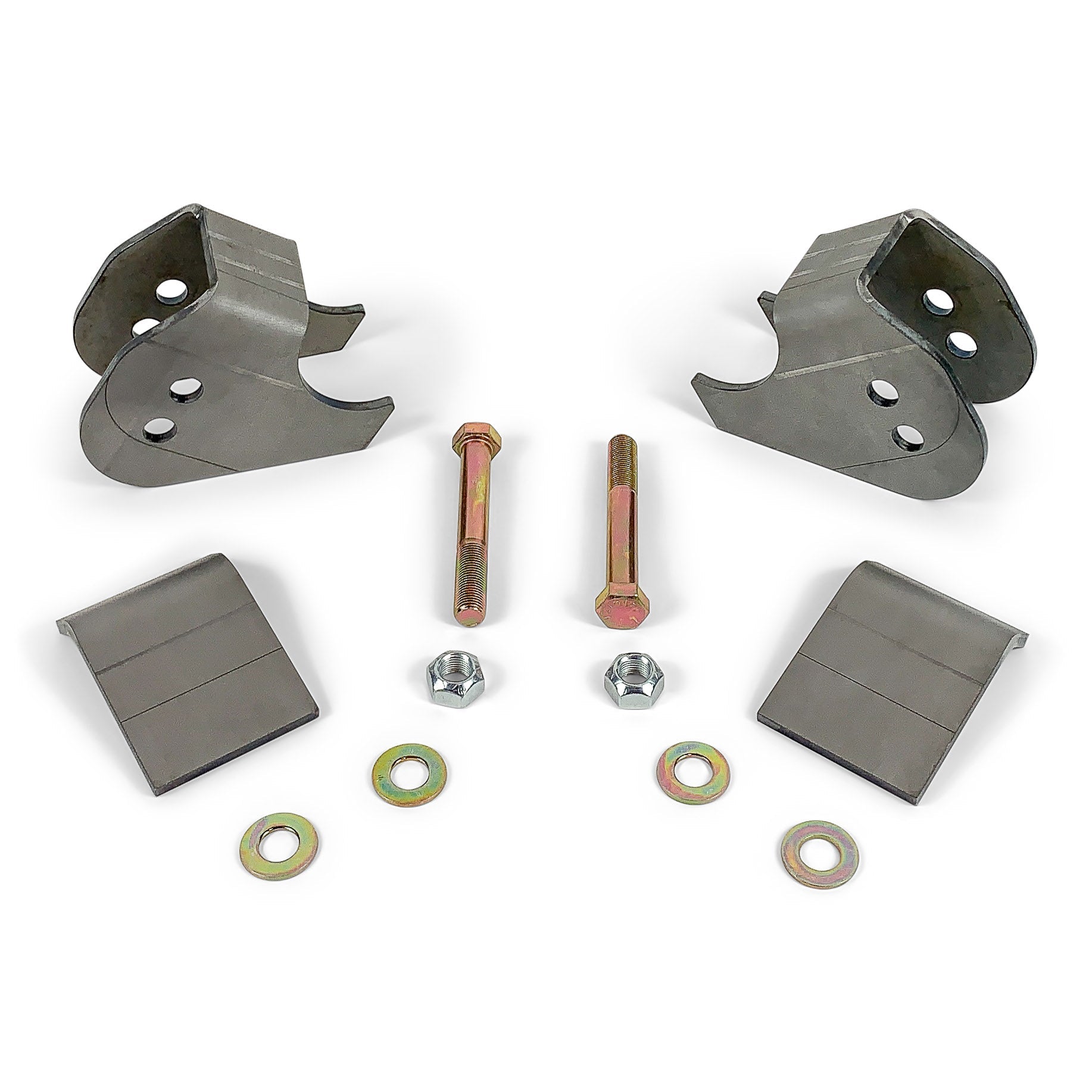 Steel axle bracket kit with mounting plates, bolts, washers, and nuts for off-road vehicles