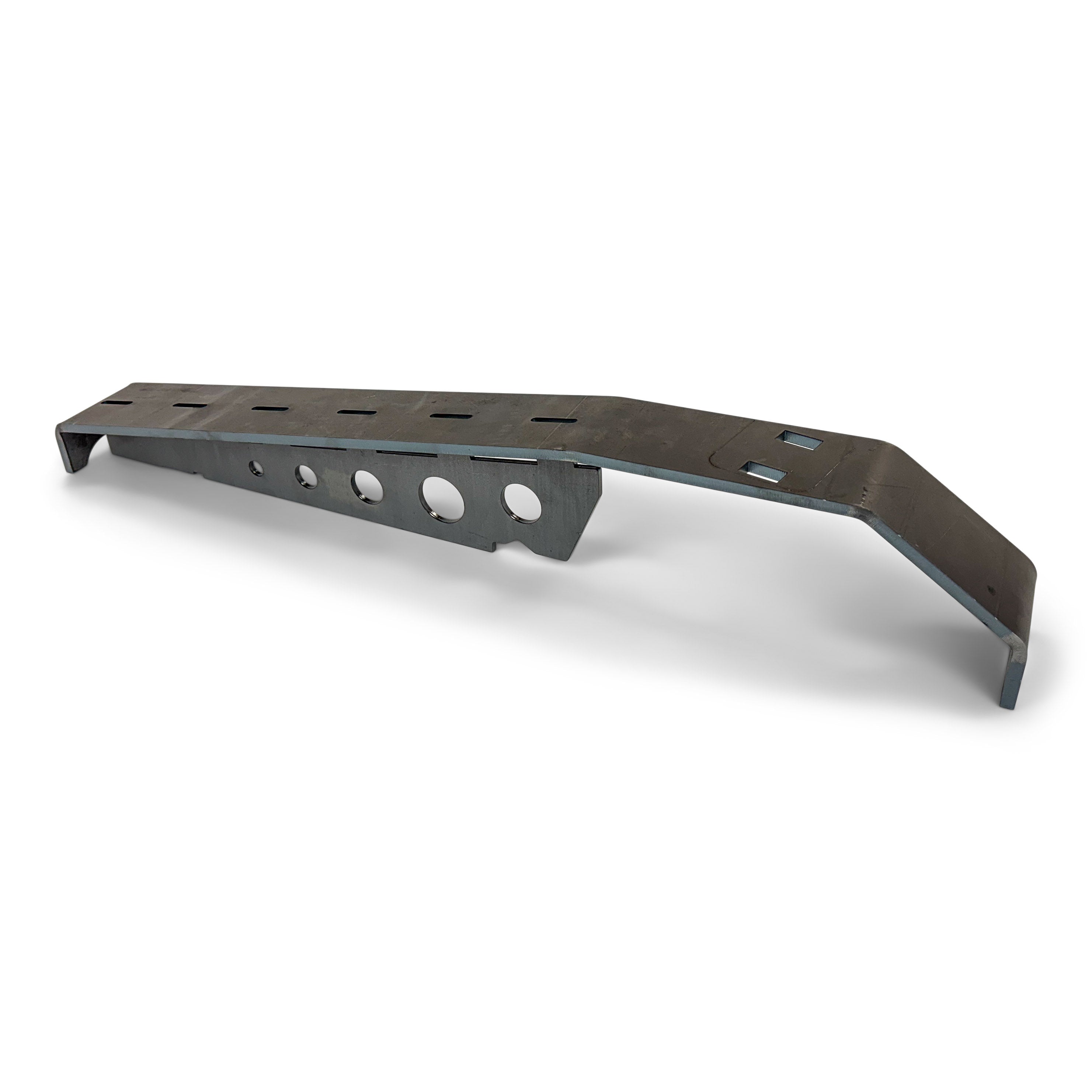 Steel off-road rock slider with cutout holes, angled for Toyota Tacoma or 4Runner