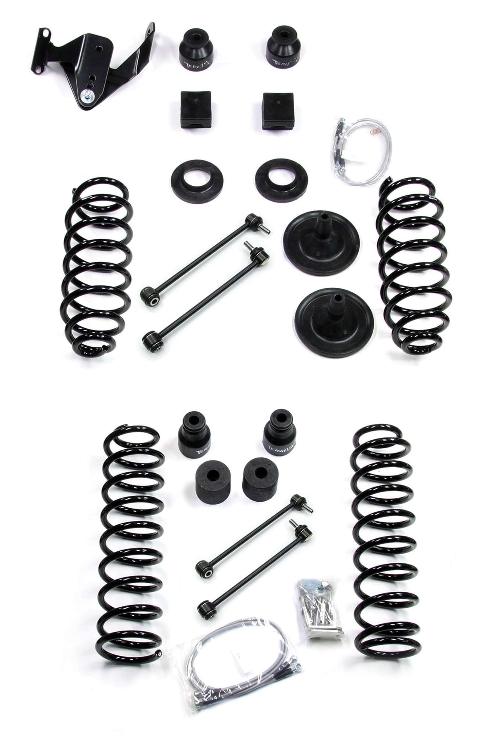 Full vehicle suspension lift kit with coil springs, spacers, sway bar links, bump stops, mounts, bolts and accessories for off-road trucks and SUVs.