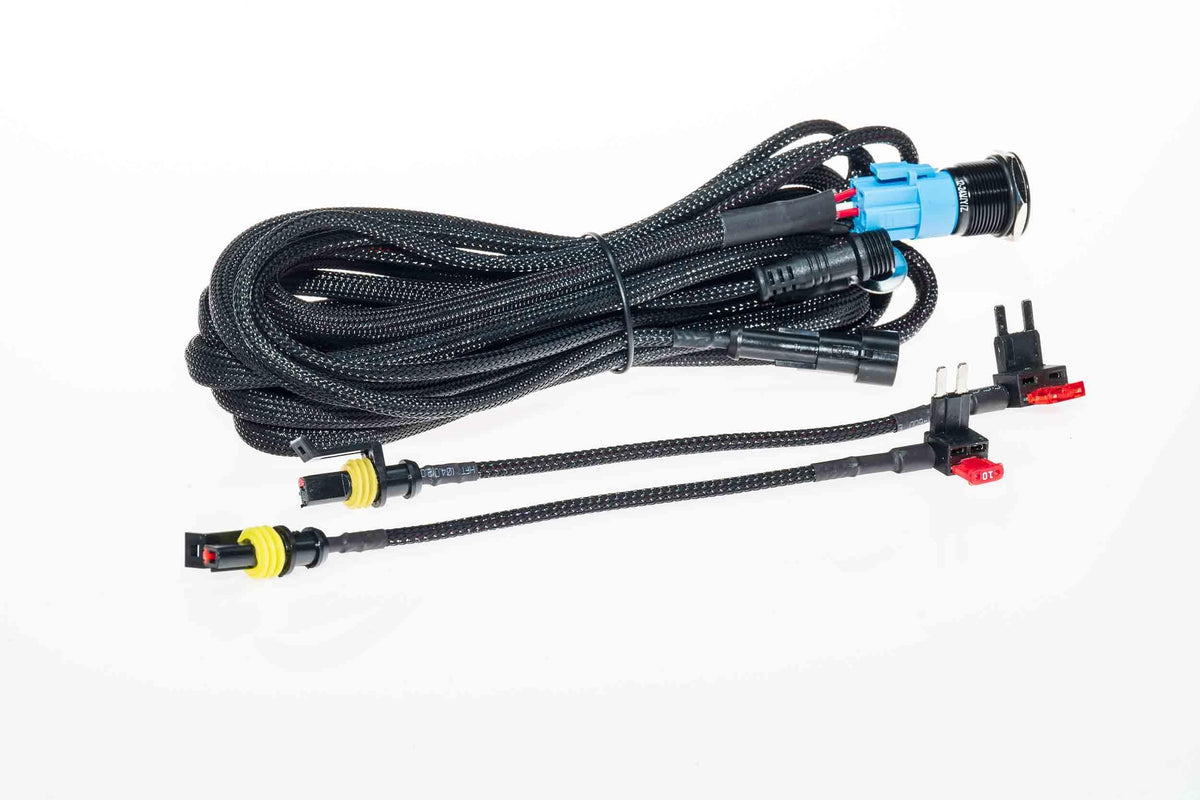 Vehicle accessory wiring harness with fuses and connectors for Toyota, Jeep, or Ford trucks