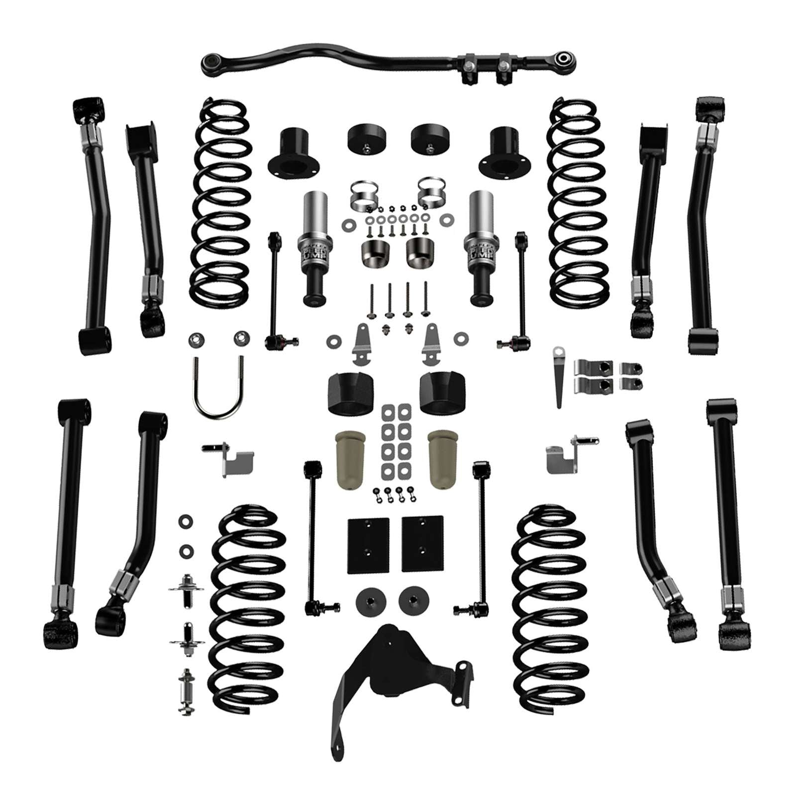 Jeep Wrangler suspension lift kit with coil springs, control arms, shocks, and hardware