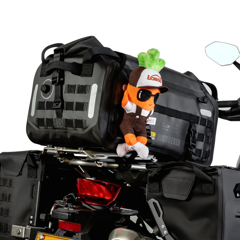 LOBOO Plush Motorcycle Mascot – Soft Adventure Buddy with Multiple Mounting Loops for Panniers, Crash Bars & Backpacks