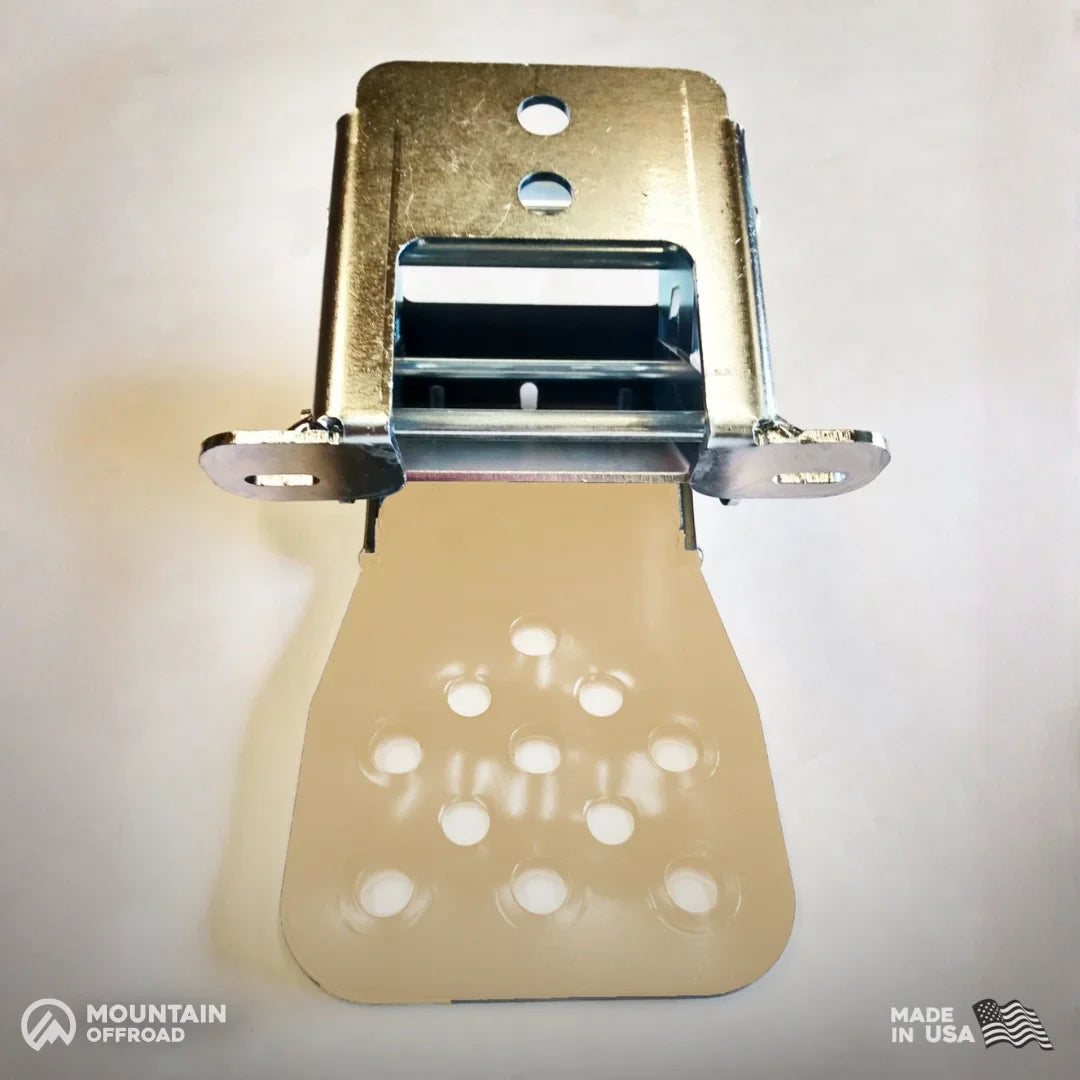 Metal off-road vehicle bracket with perforated mounting plate, suitable for overlanding gear