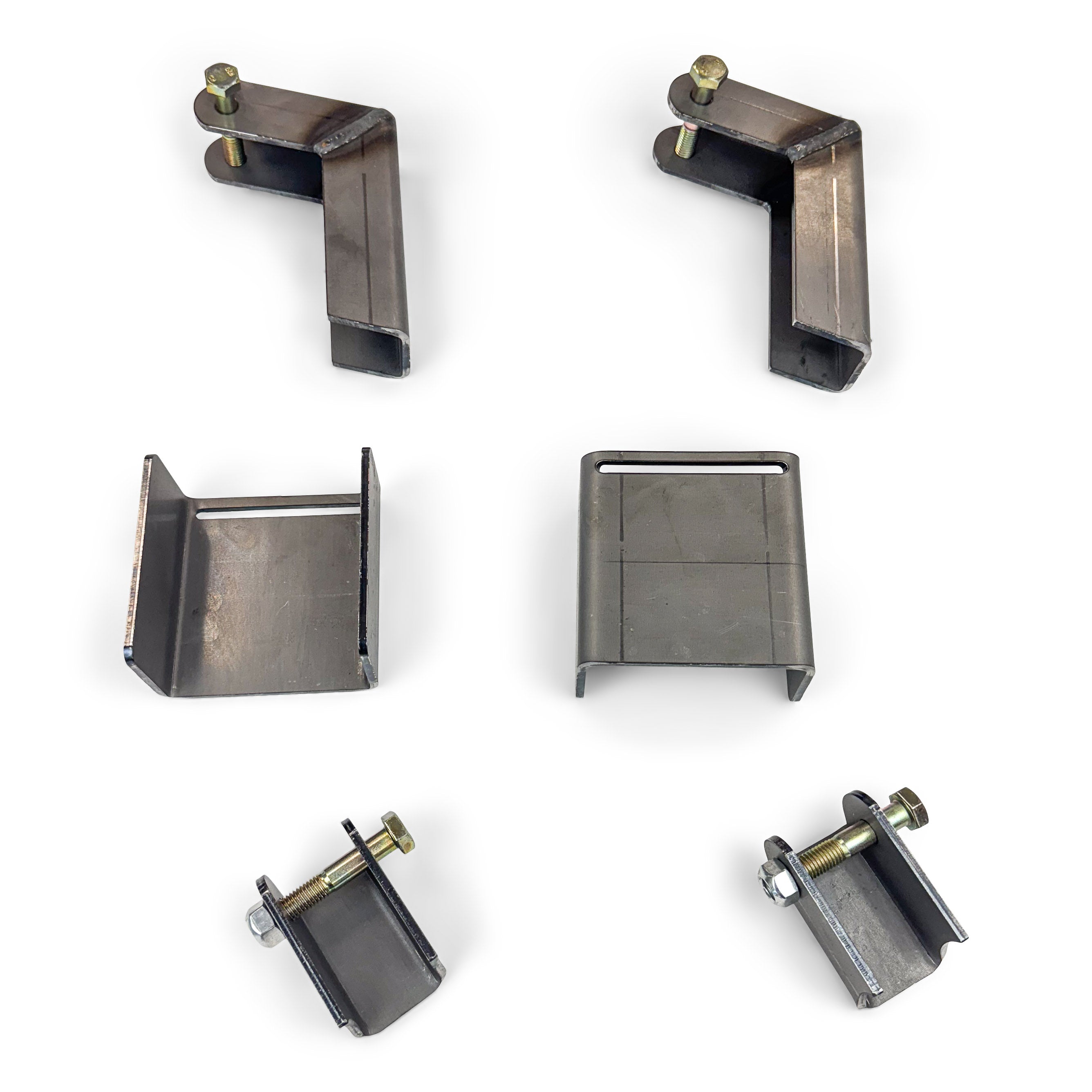 Steel mounting brackets with bolts for vehicle overlanding or camping gear installation