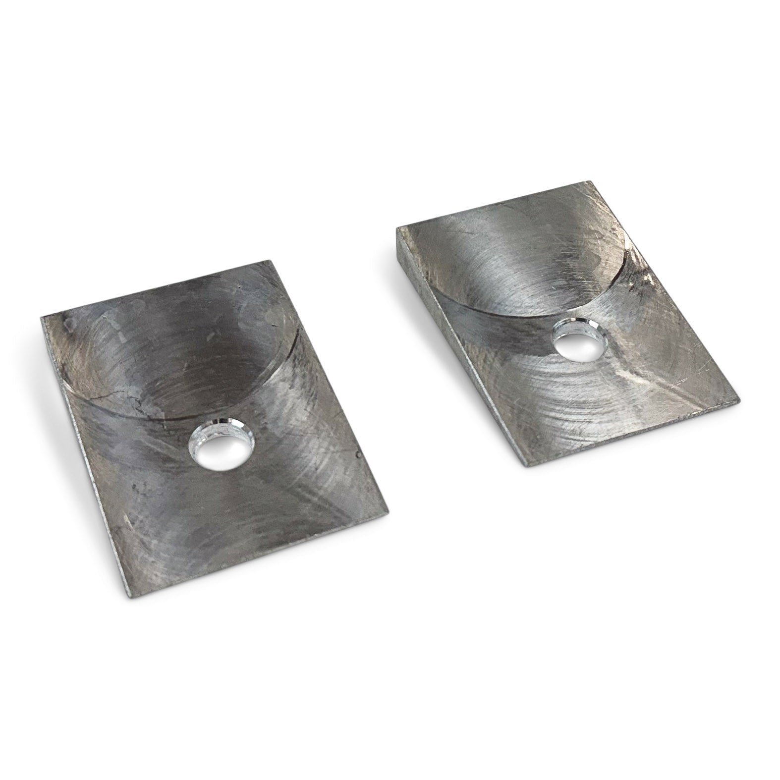 Pair of metal weld-on mounting tabs for off-road vehicle accessories on white background