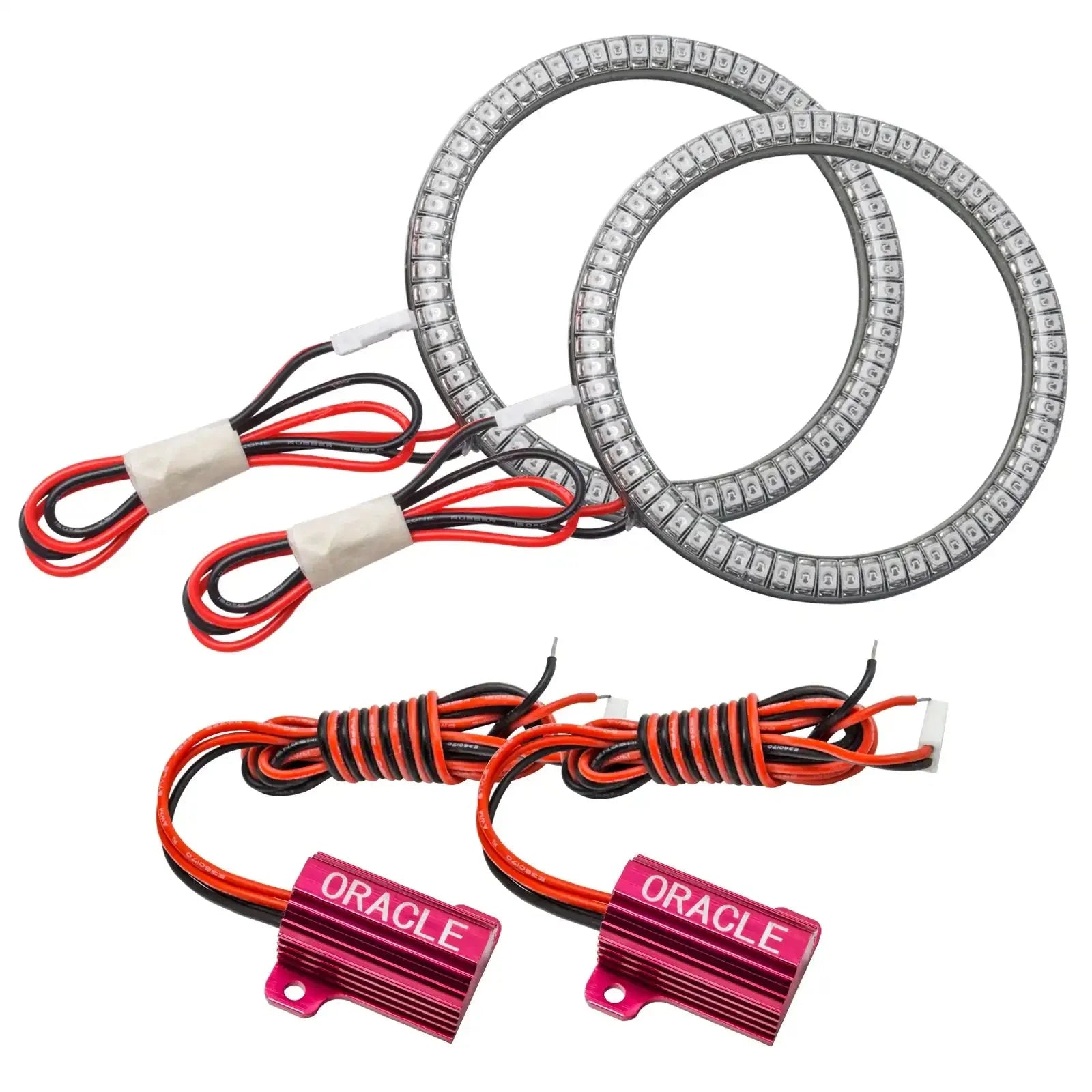 LED halo ring lights with wiring harness and red resistors for vehicle headlights