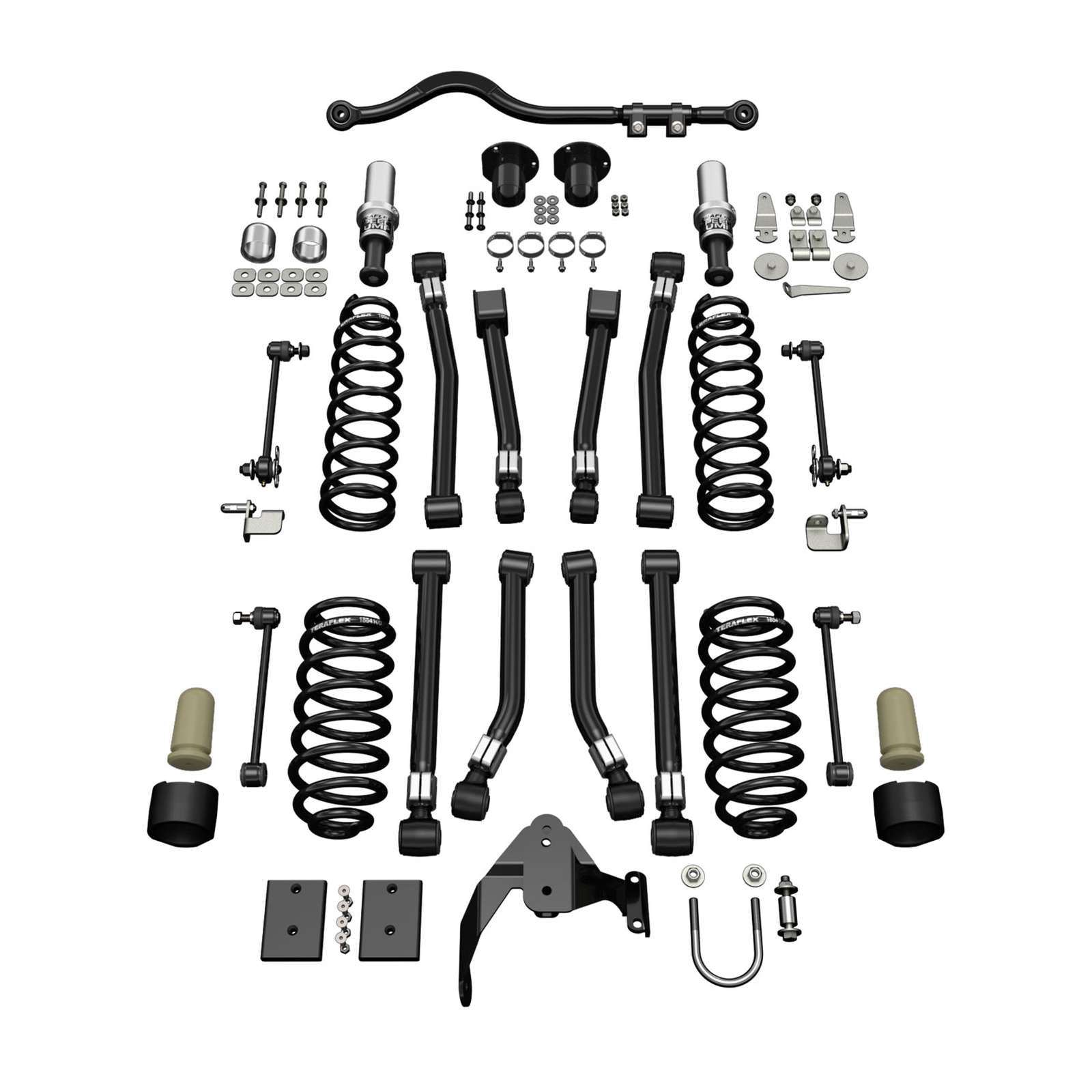 Jeep suspension lift kit with coil springs, control arms, shocks, brackets and hardware