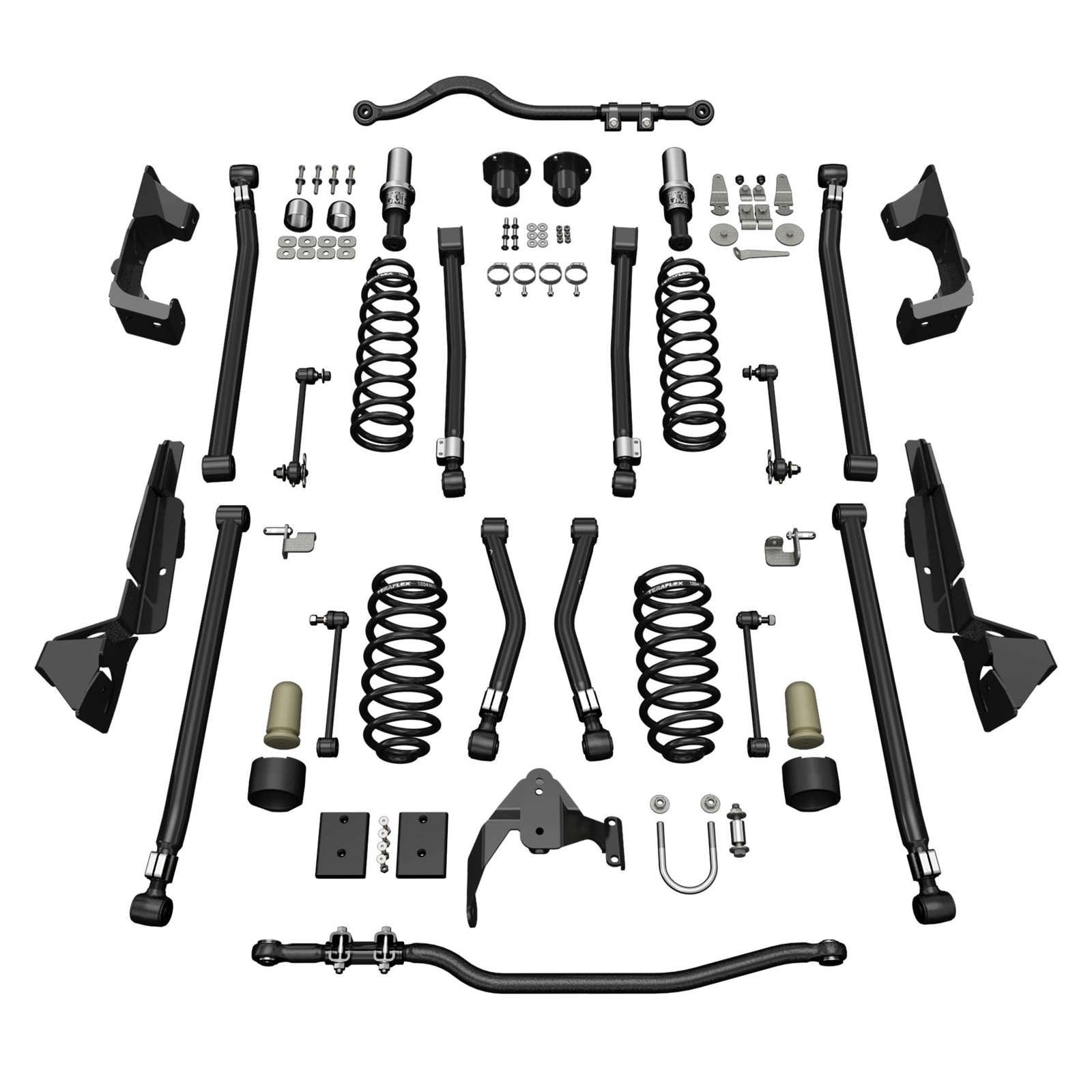 Vehicle suspension lift kit with control arms, coil springs, sway bar, and mounting hardware