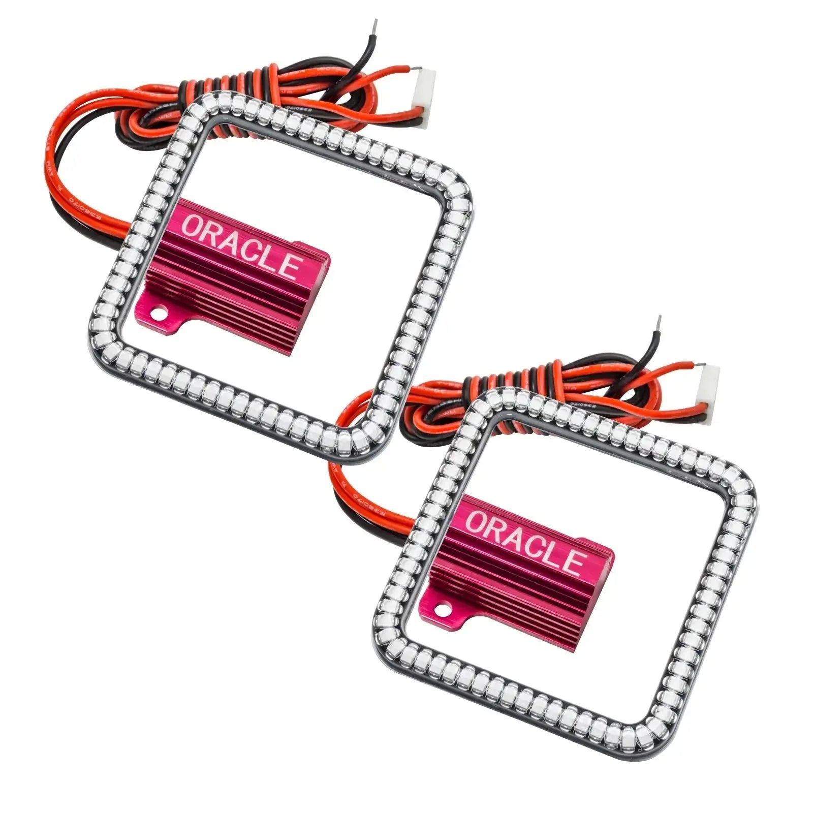 Pair of square LED halo lights with wiring, pink ORACLE modules for vehicle headlights