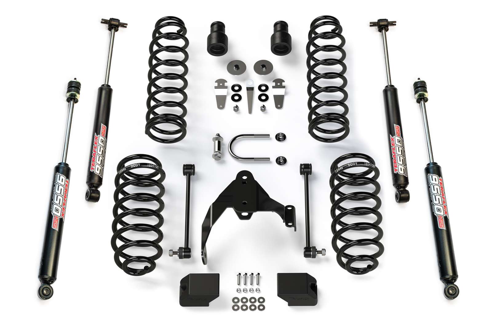 Jeep lift kit with coil springs, shock absorbers, and mounting hardware for off-road suspension upgrade