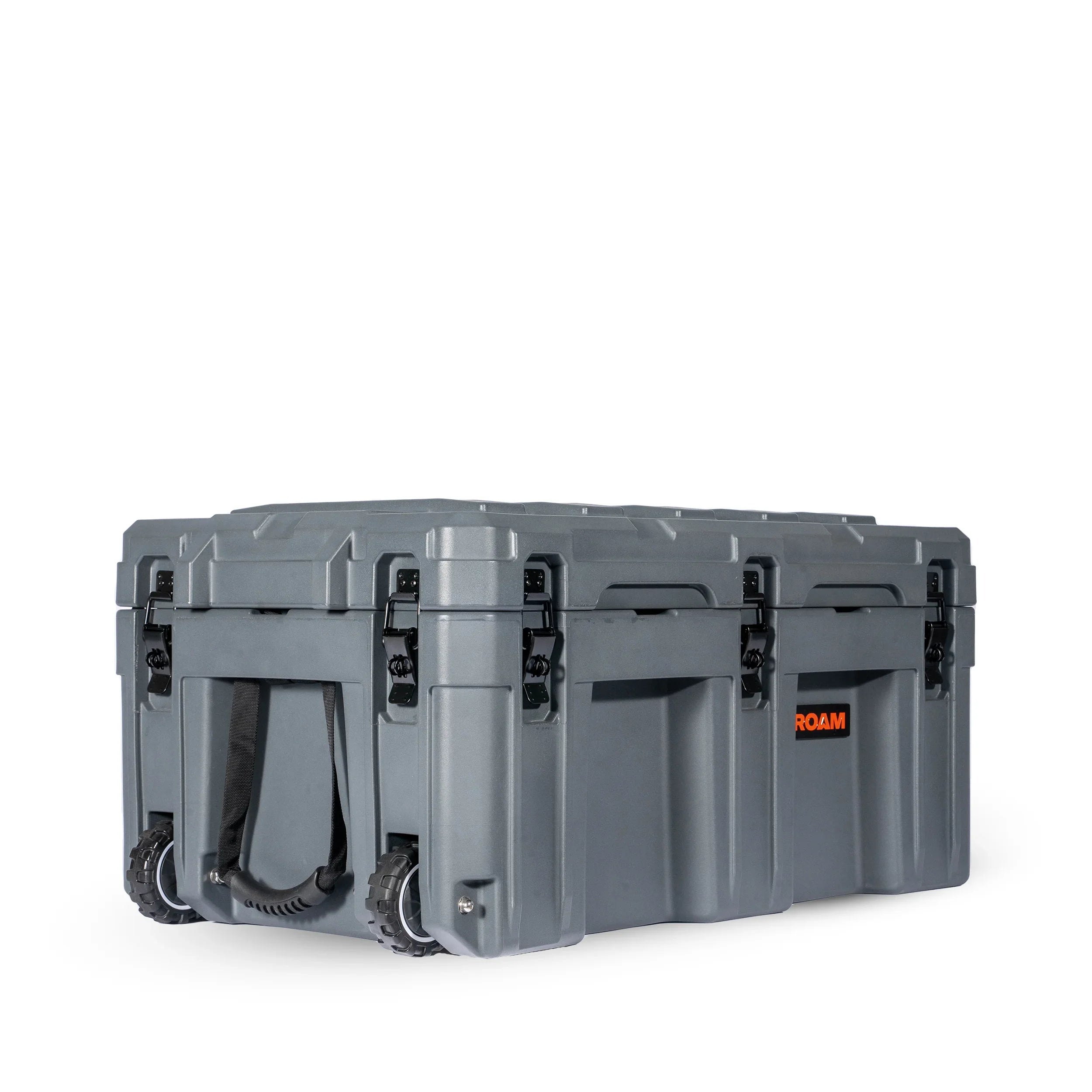 Heavy-duty gray rolling storage case with wheels and black latches for overlanding gear