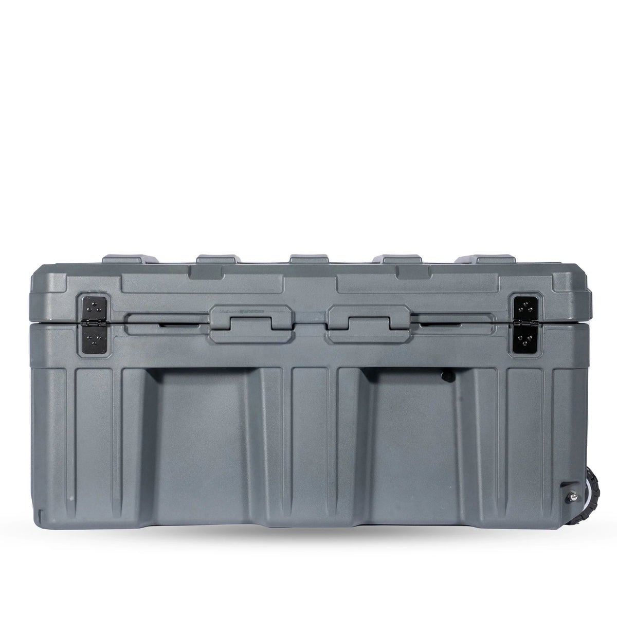 Heavy-duty gray storage case for overlanding gear with latches and rugged design